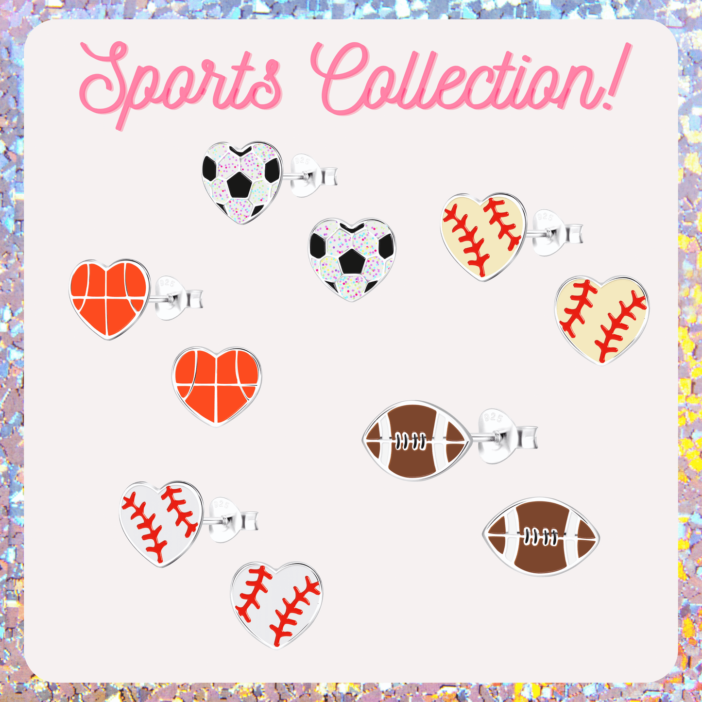 The image is a collection of various sports-themed earrings, including soccer, basketball, baseball, and football.