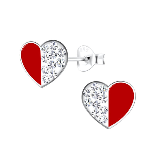 a pair of red and white heart shaped earrings