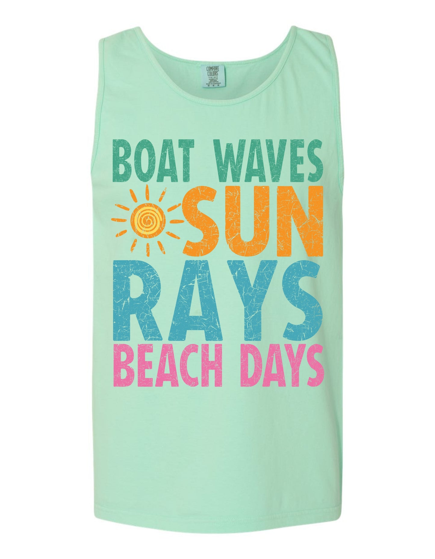 A light green tank top with the text "BOAT WAVE SUN RAYS BEACH DAYS" printed on it in a colorful, stylized font.