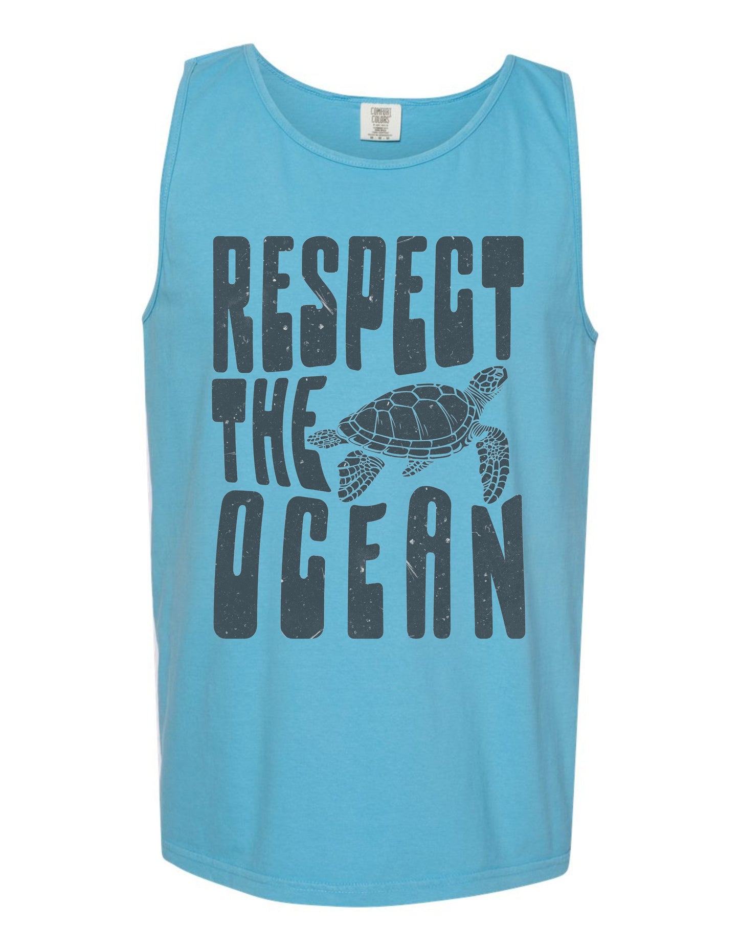 A blue tank top with the text "RESPECT THE OCEAN" printed on it, along with a graphic of a turtle.