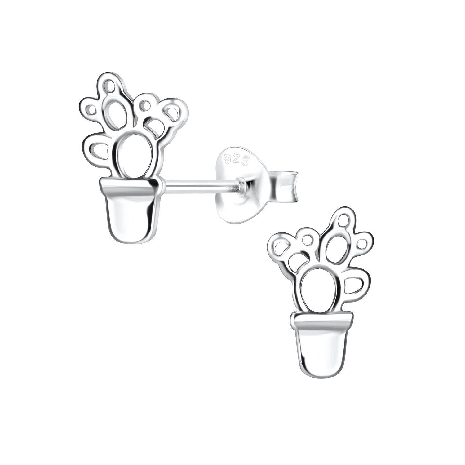 a pair of silver earrings with a flower design