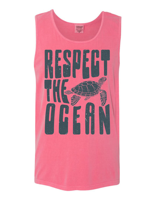 A pink tank top with the text "RESPECT THE OCEAN" printed on it, along with a graphic of a turtle.