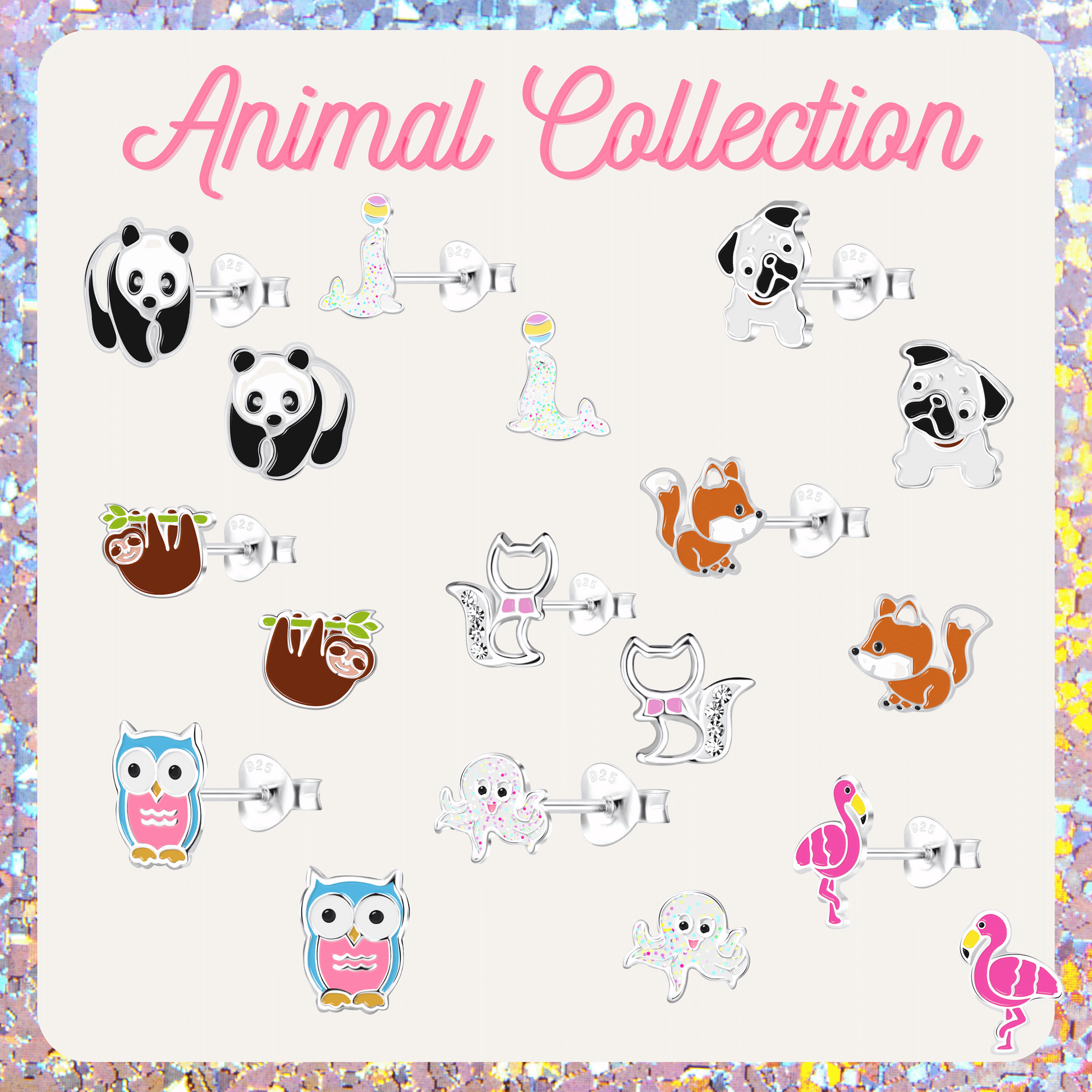 The image is a collection of various animal-themed earrings, including panda bears, sloths, cats, dogs, and flamingos.