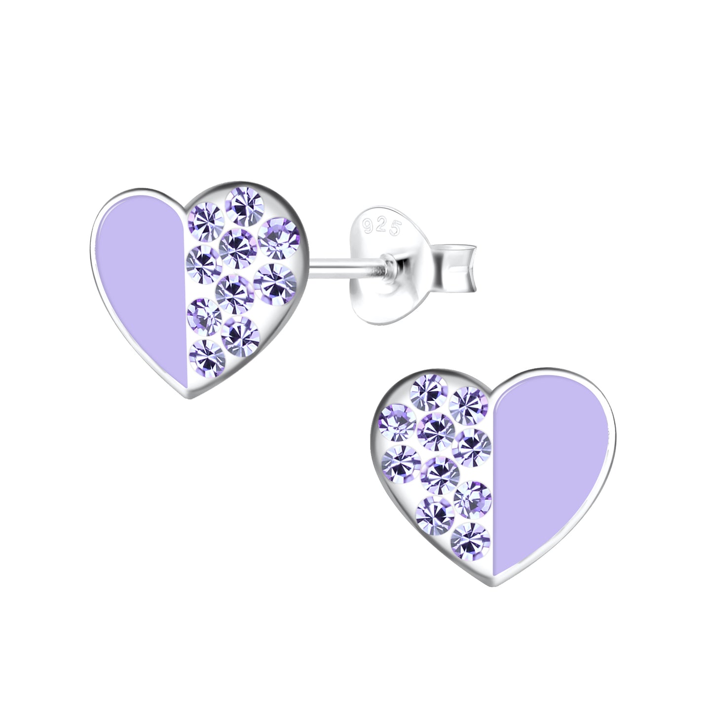 a pair of heart shaped purple and white earrings