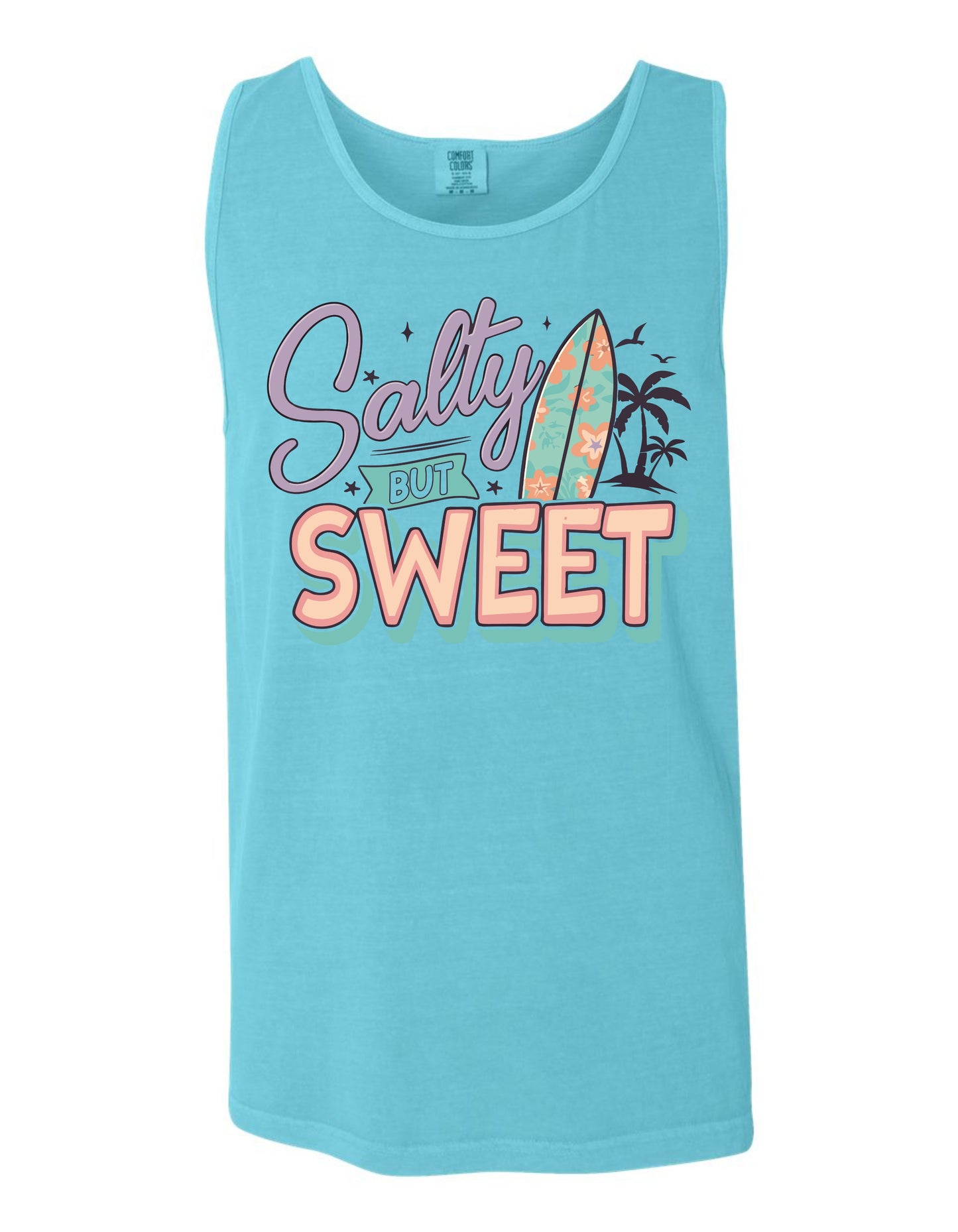 A light blue tank top with a graphic design featuring a surfboard and the text "Salty but sweet" in a playful, colorful style.