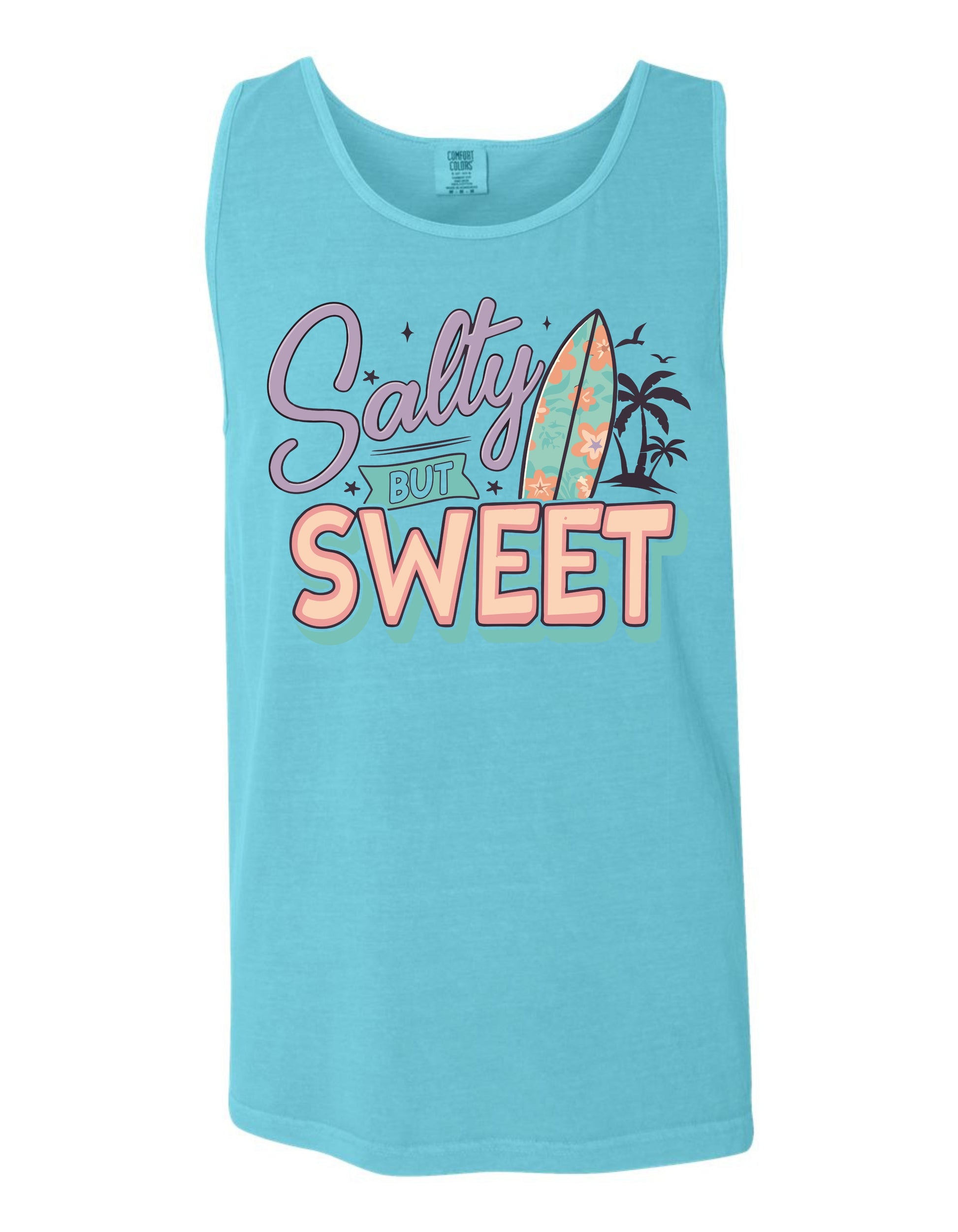 A light blue tank top with a graphic design featuring a surfboard and the text "Salty but sweet" in a playful, colorful style.