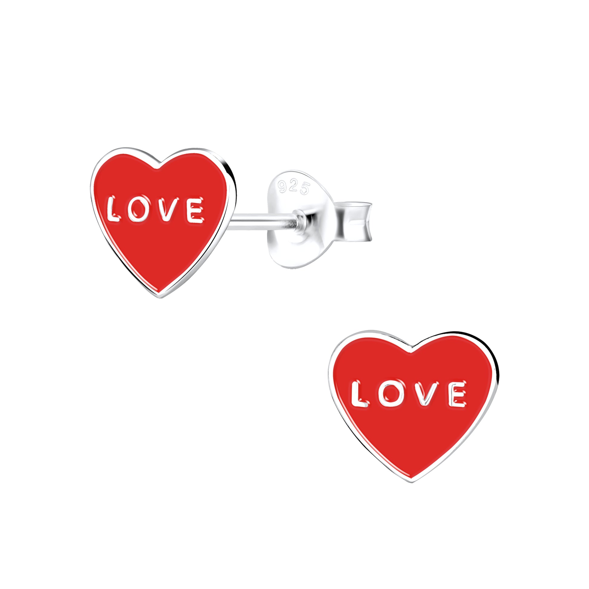 a pair of red heart shaped earrings on a white background