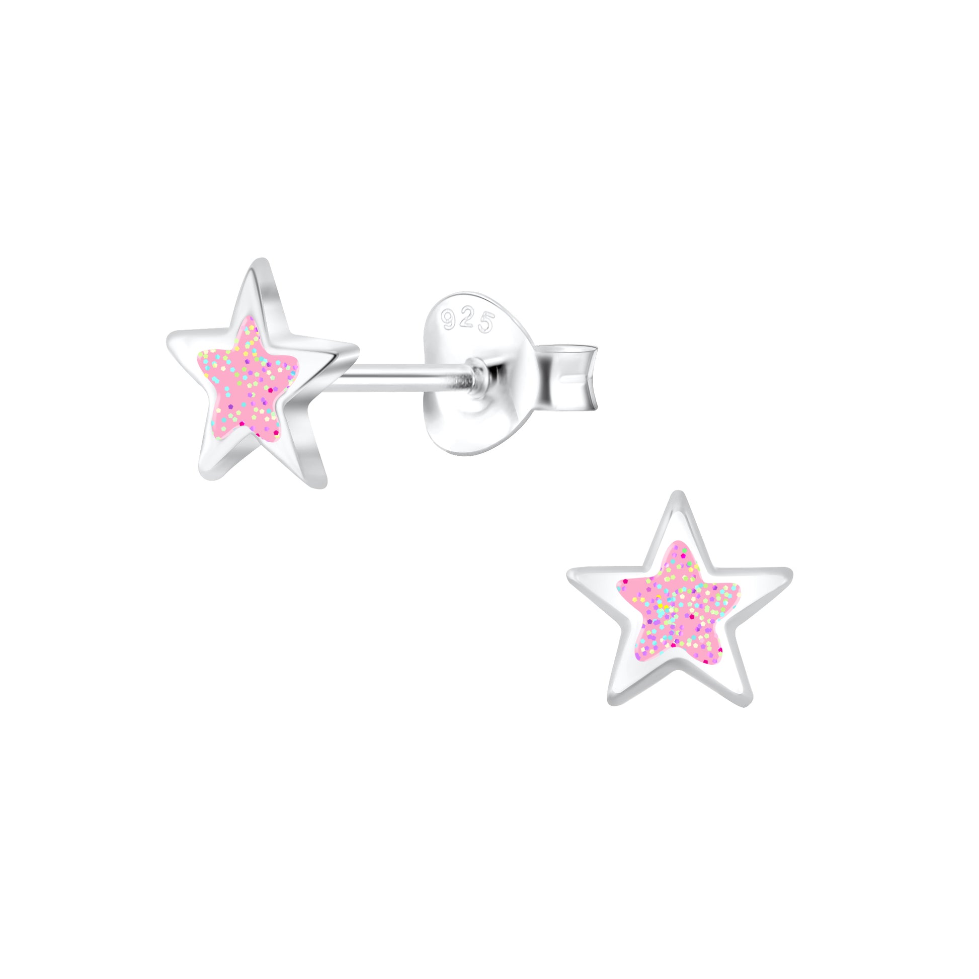 a pair of silver and pink stars earrings