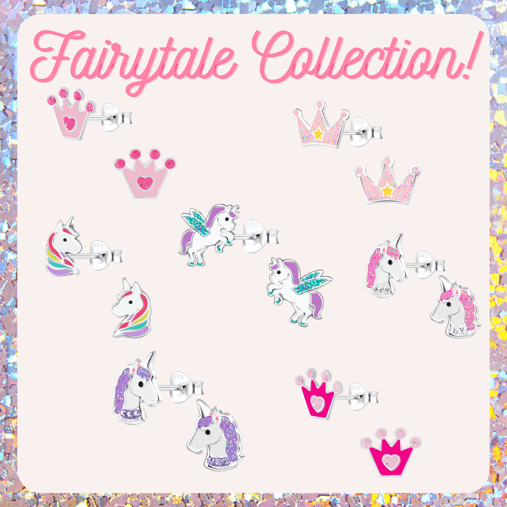 The image is a collection of unicorn and crown earrings, featuring various designs and colors.