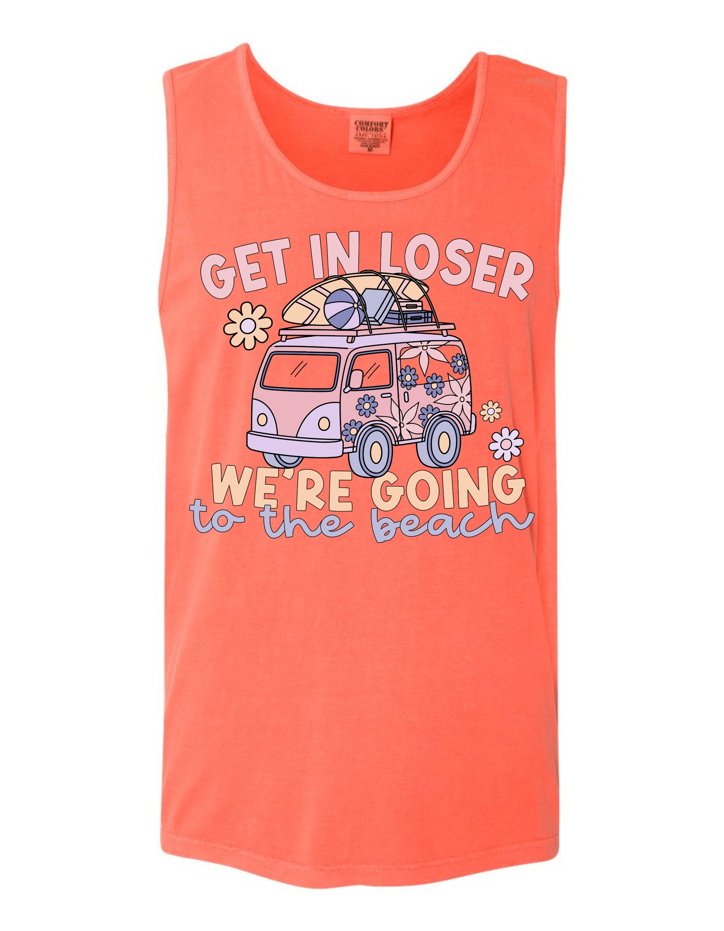 The image is a tank top with a graphic design featuring a van or truck with a surfboard on top, along with the text "GET IN LOSER WE'RE GOING TO THE BEACH".