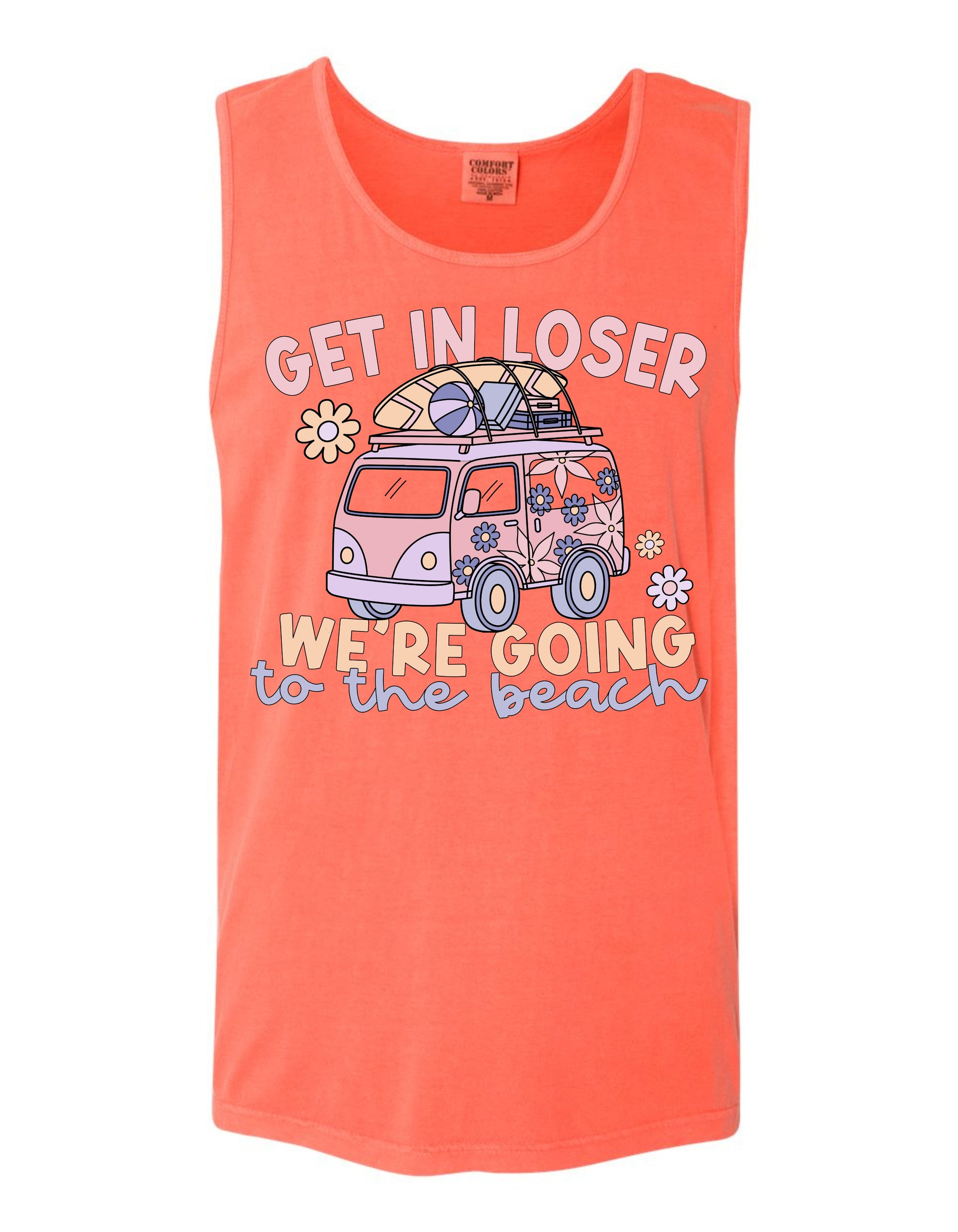 The image is a tank top with a graphic design featuring a van or truck with a surfboard on top, along with the text "GET IN LOSER WE'RE GOING TO THE BEACH".