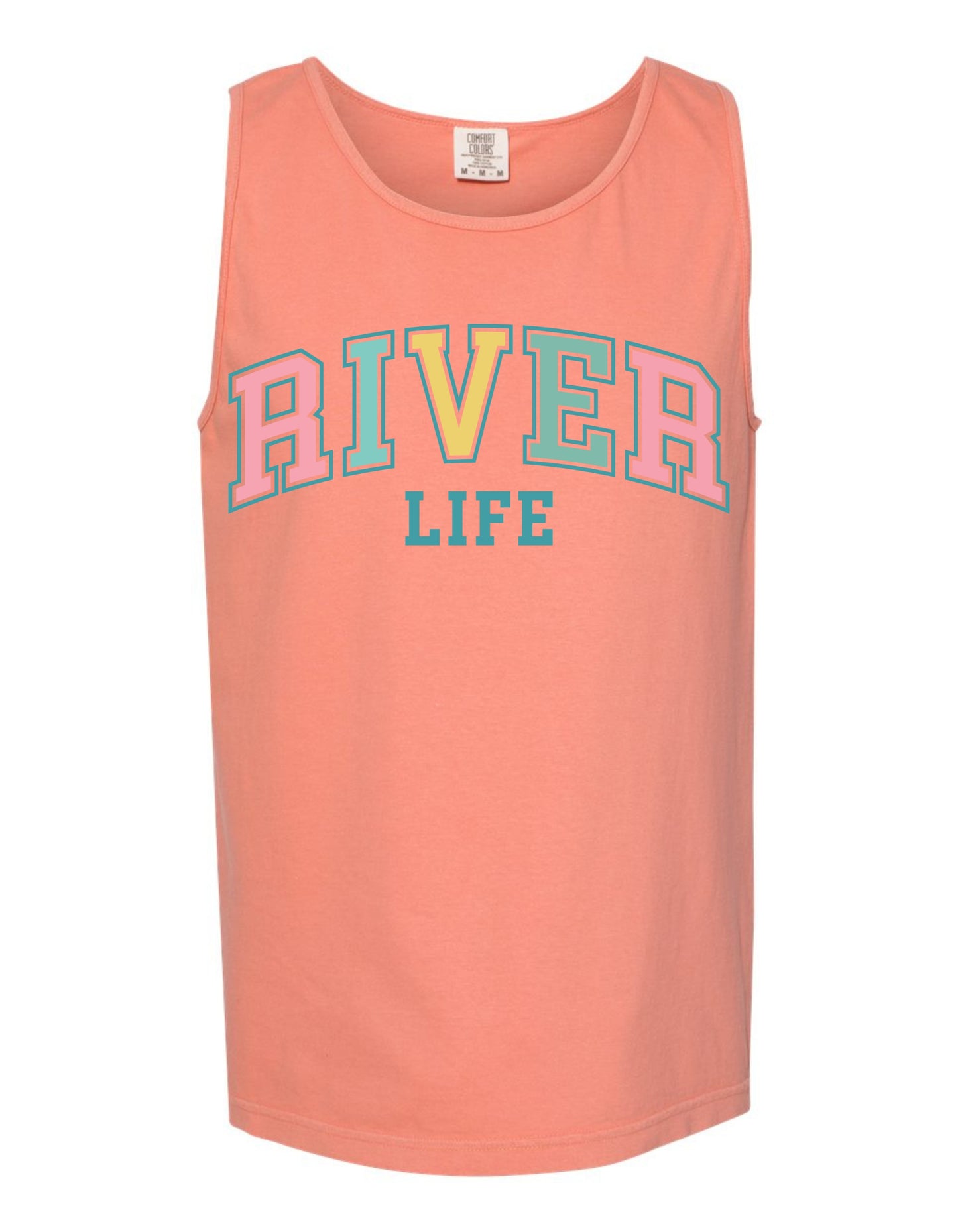 A peach-colored tank top with the text "RIVER LIFE" printed across the front in a colorful, stylized font.
