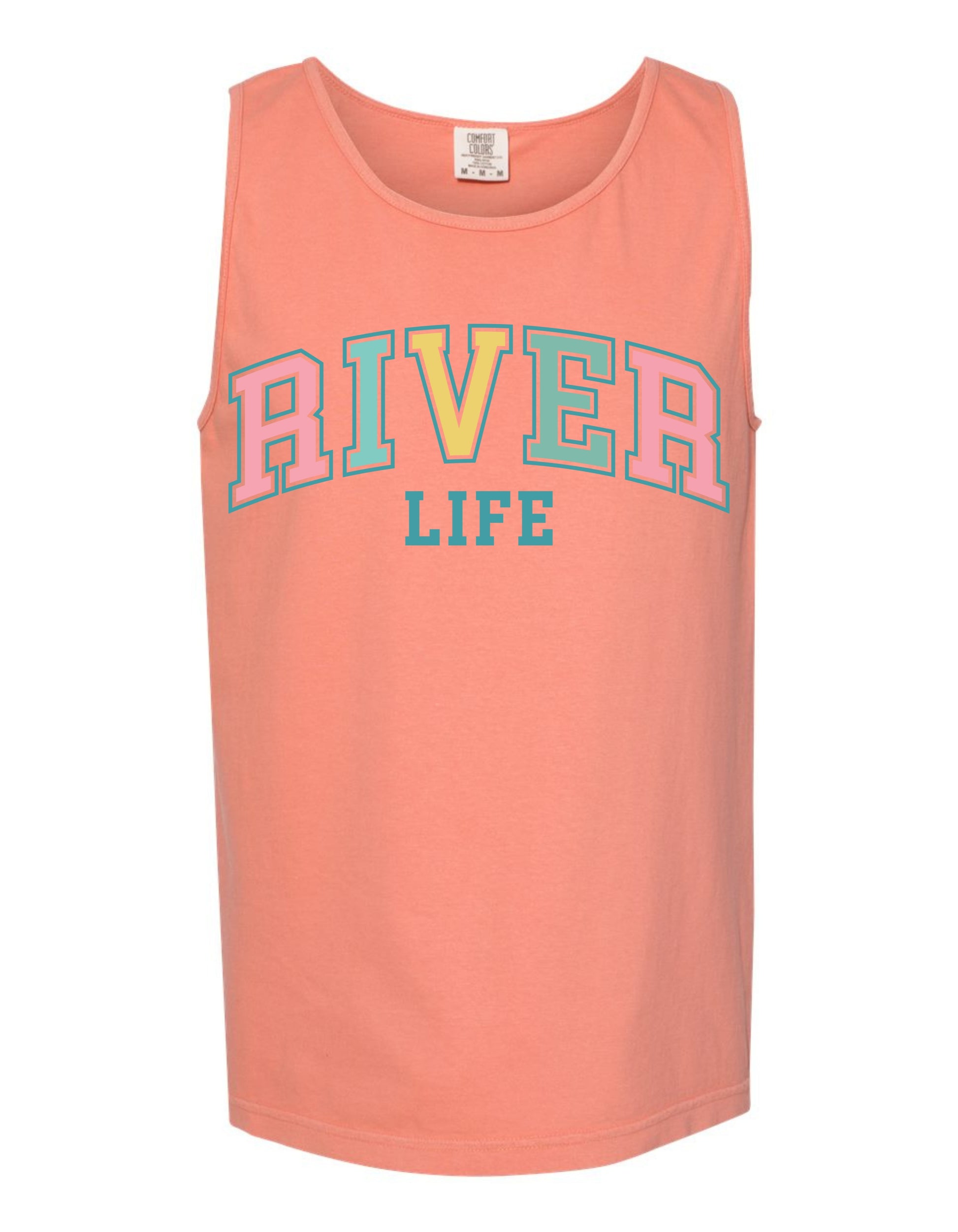 A peach-colored tank top with the text "RIVER LIFE" printed across the front in a colorful, stylized font.