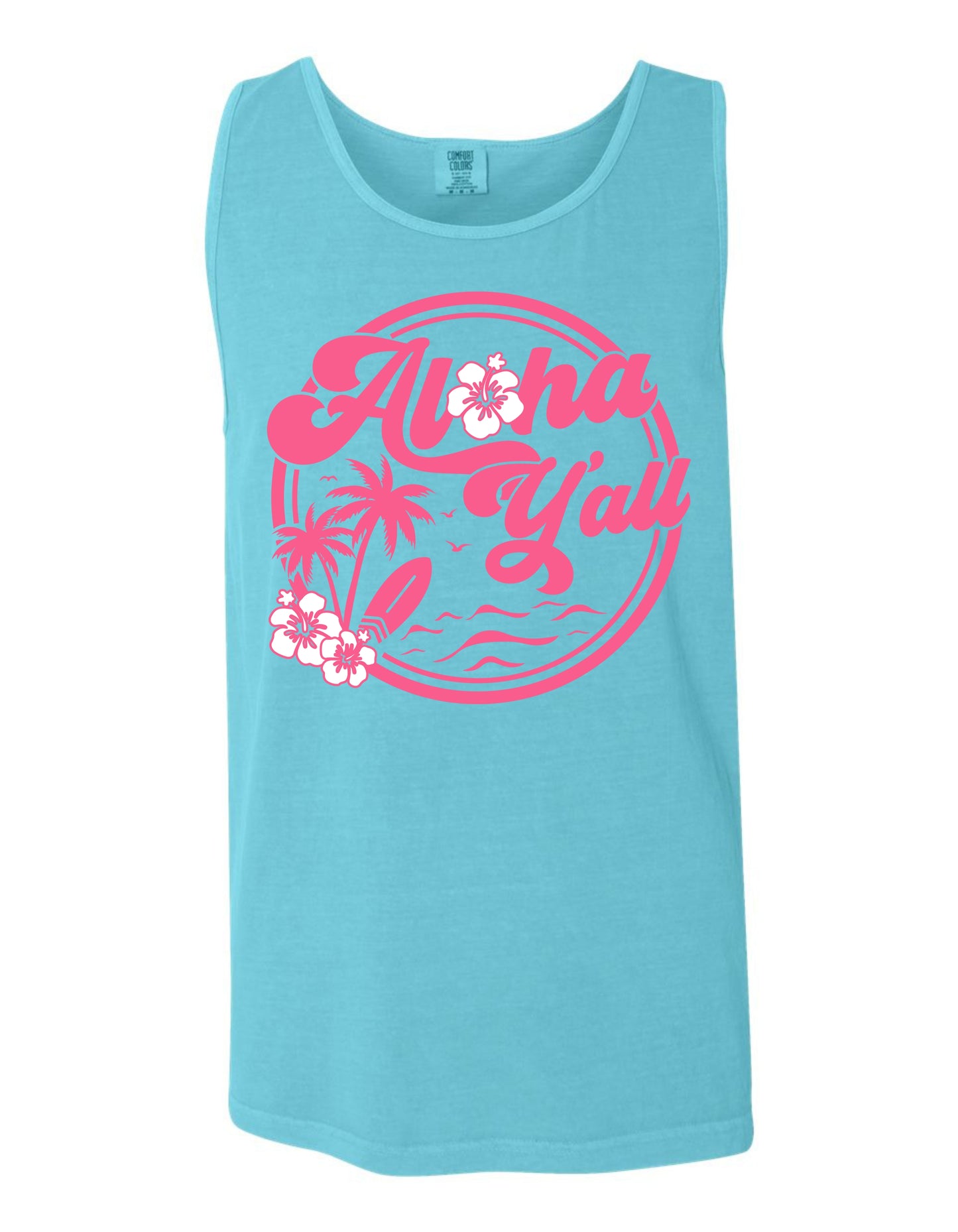 A turquoise tank top with a pink circular design featuring the text "Aloha Yall" and pink flowers.
