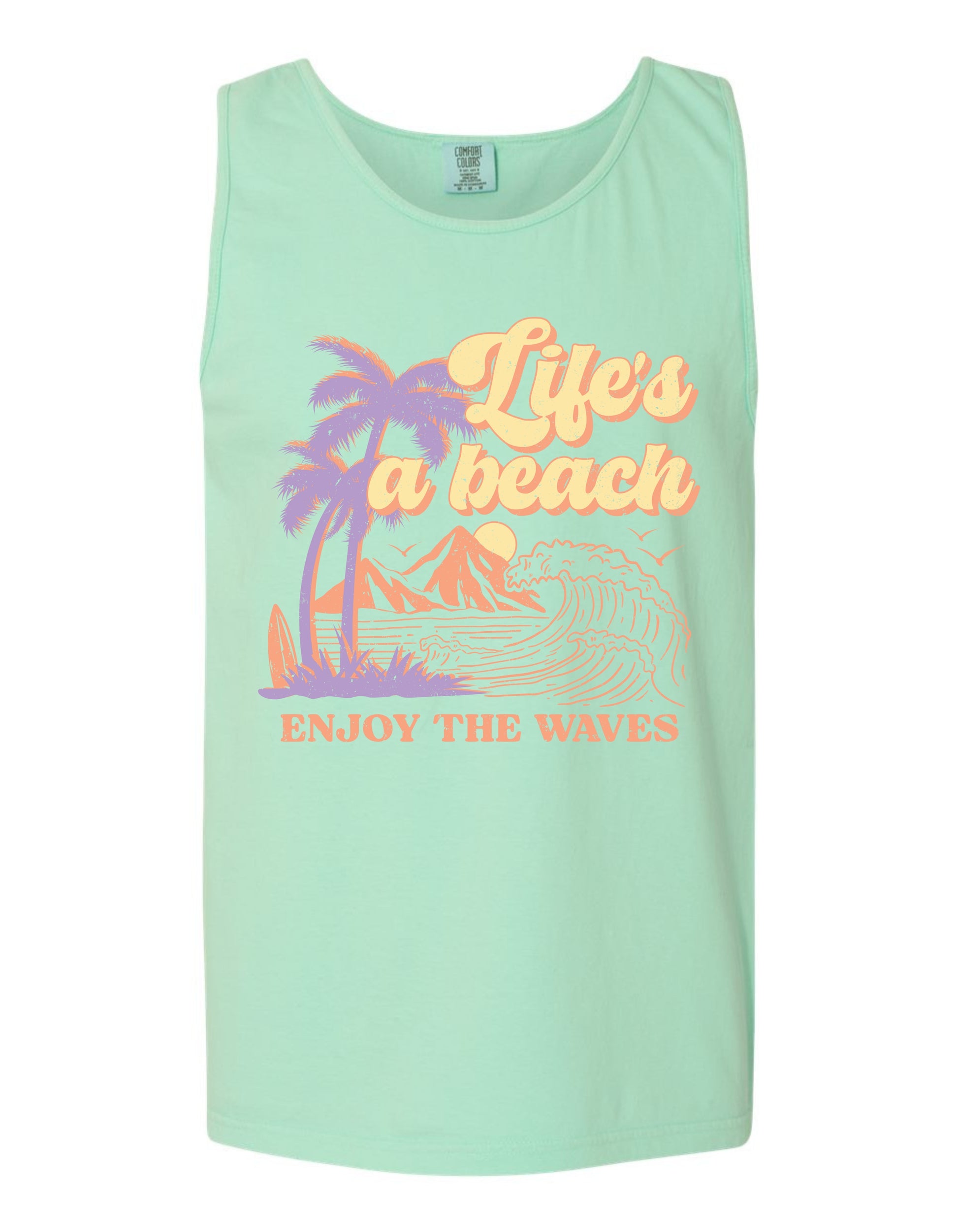 A mint green tank top with a graphic design depicting palm trees, mountains, and waves, along with the text "Life's a beach, Enjoy the waves" printed on it.