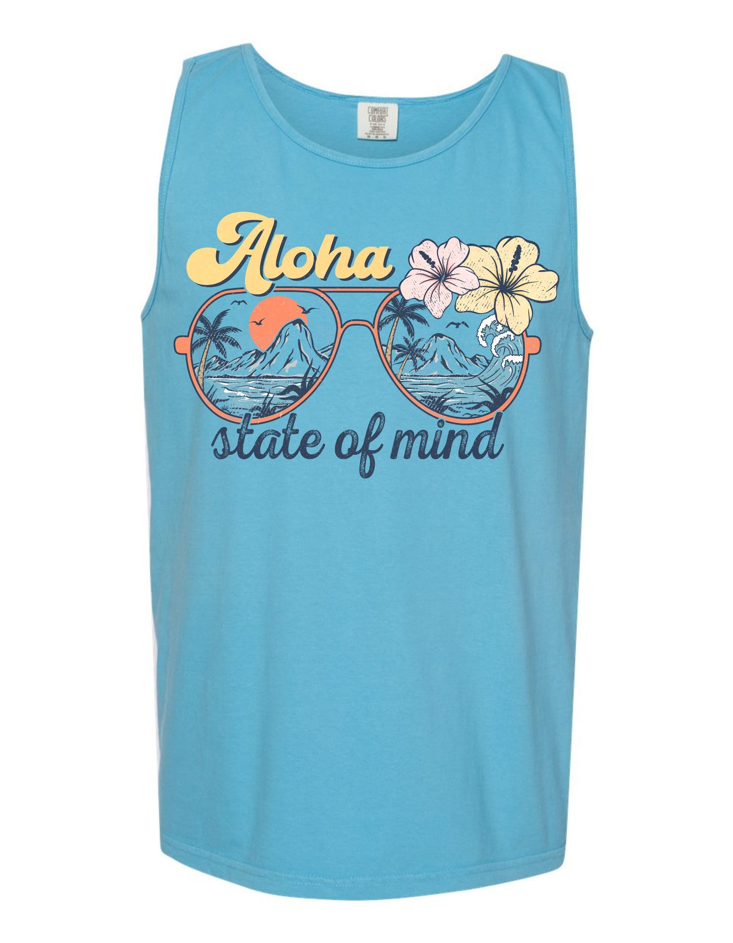 A blue tank top with a graphic design featuring sunglasses, flowers, and the text "Aloha state of mind" printed on it.
