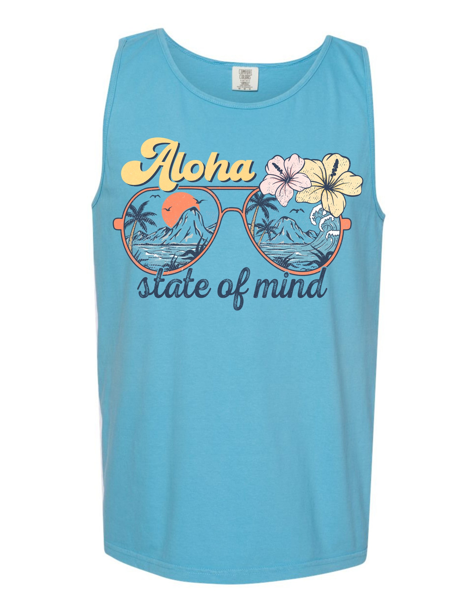A blue tank top with a graphic design featuring sunglasses, flowers, and the text "Aloha state of mind" printed on it.