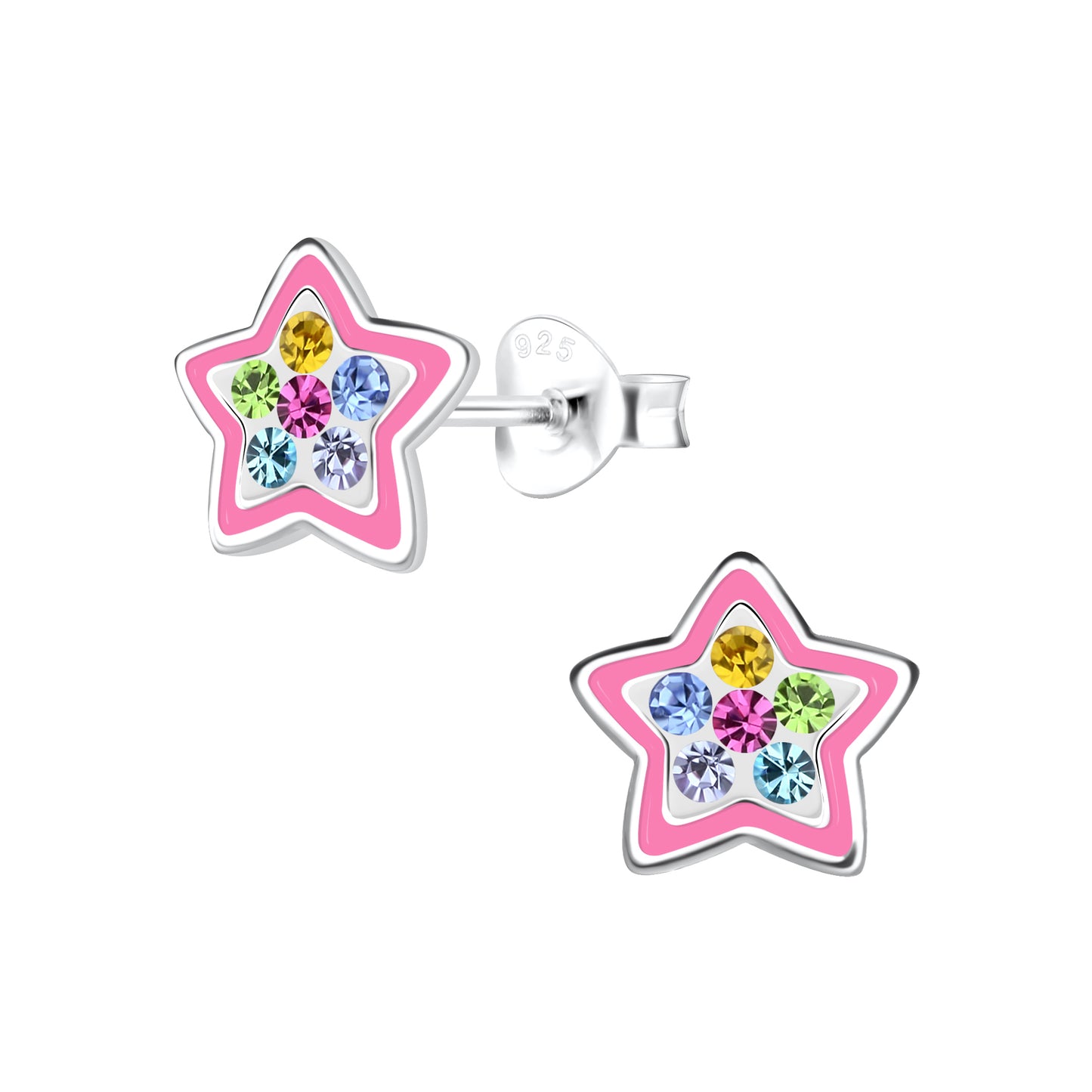 a pair of star shaped earrings with multicolored stones