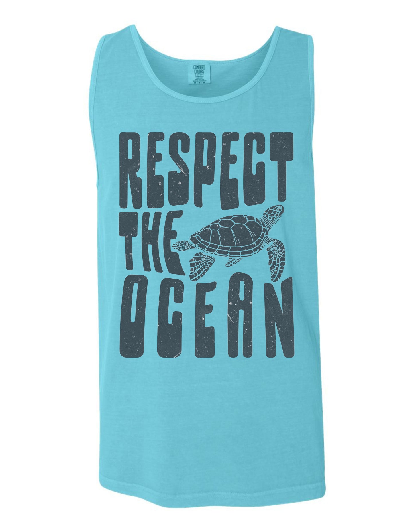 A light blue tank top with the text "RESPECT THE OCEAN" printed on it, along with a graphic of a turtle.