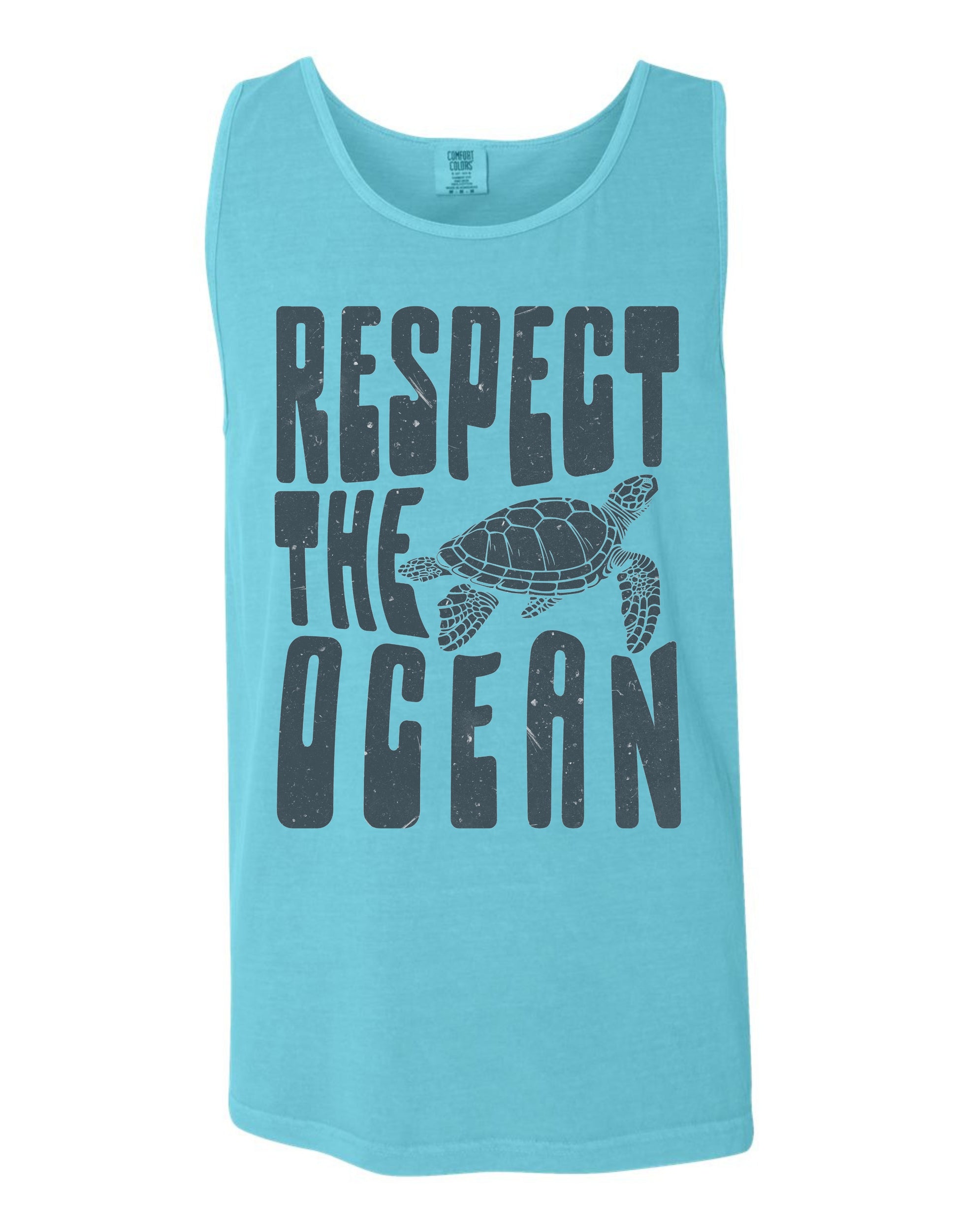 A light blue tank top with the text "RESPECT THE OCEAN" printed on it, along with a graphic of a turtle.