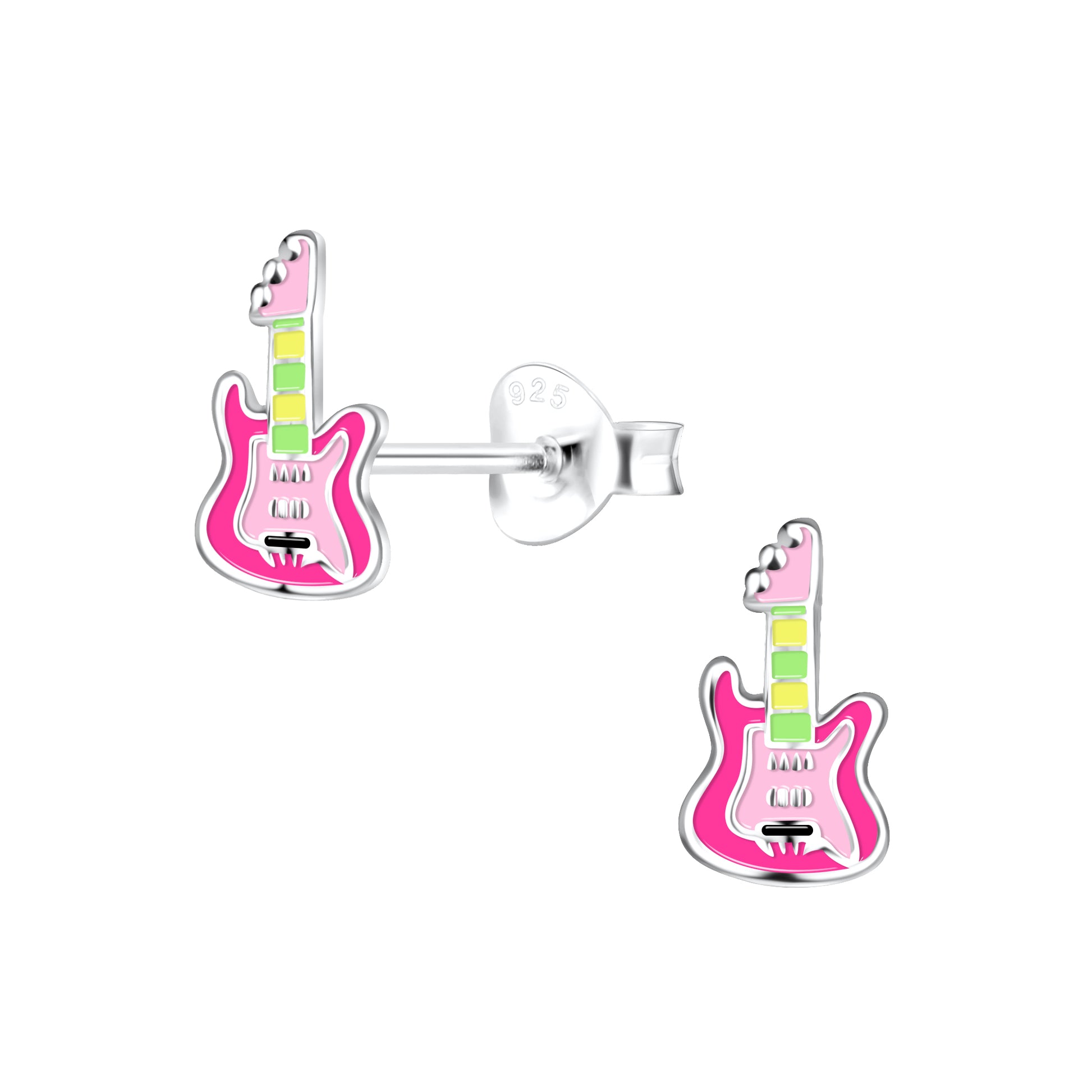 a pair of pink and green guitar earrings