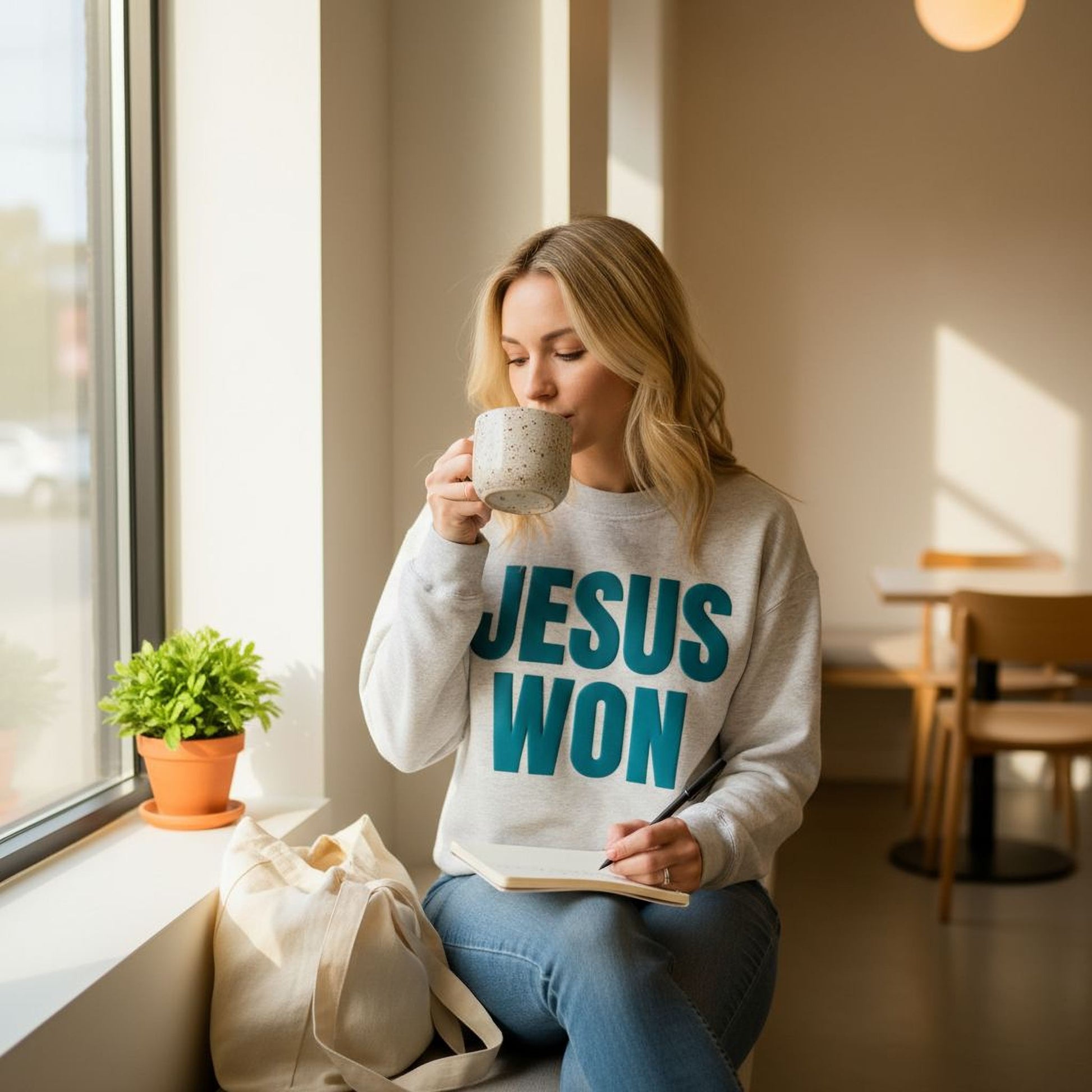 A woman sits on a window sill, sipping coffee and reading a book with the text "JESUS WON" printed on her sweatshirt.