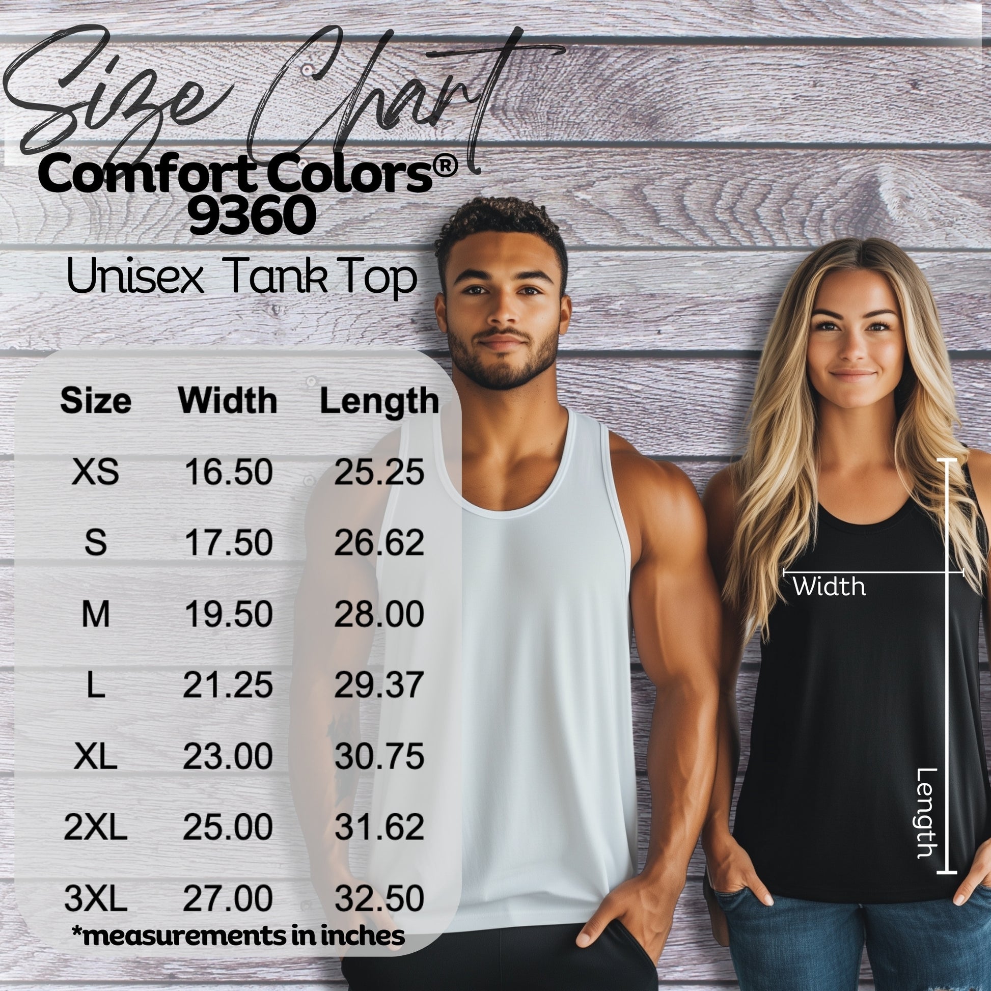 The image is a size chart for a unisex tank top, featuring a man and a woman standing next to a wooden wall.