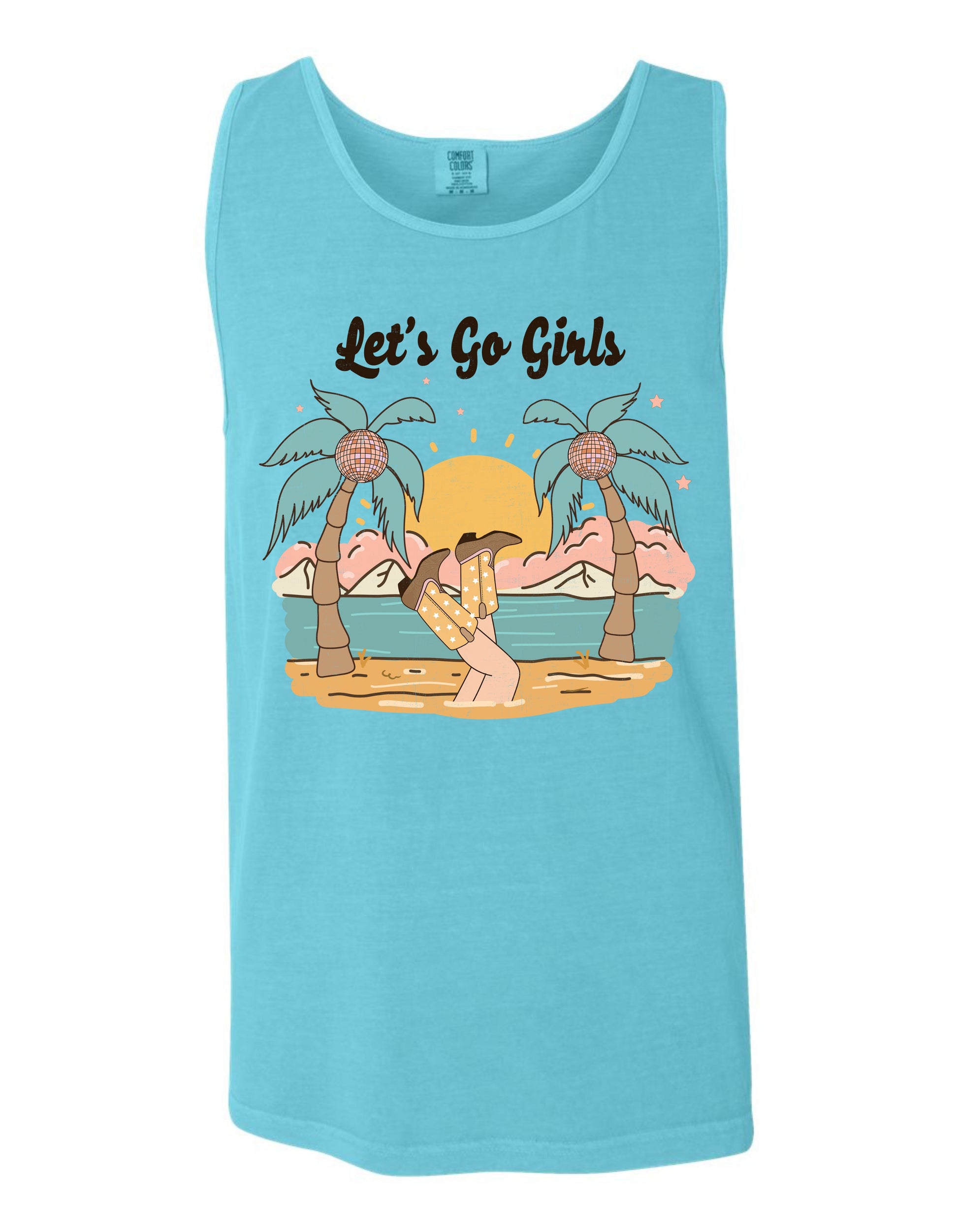 A light blue tank top with a graphic design depicting a beach scene with palm trees, a sunset, and a person sitting on the sand.