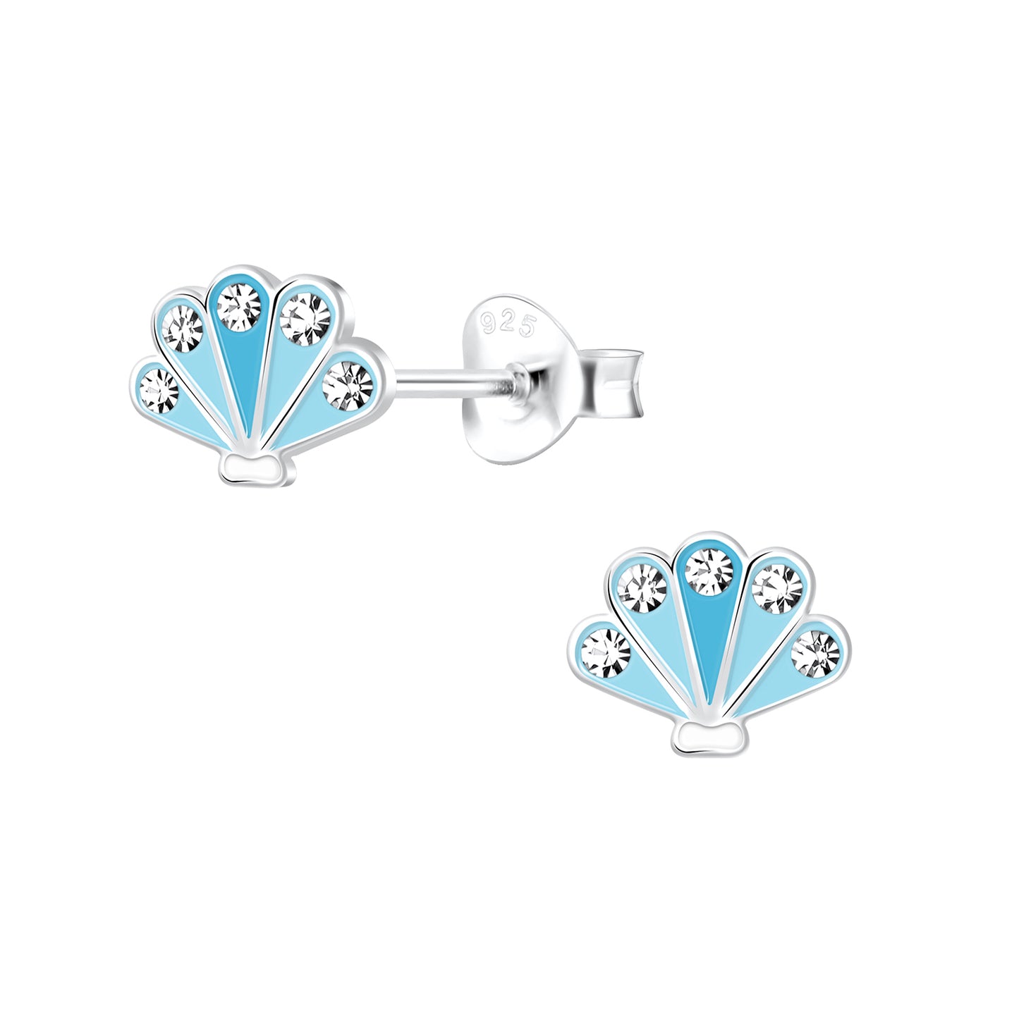 a pair of blue and white earrings on a white background