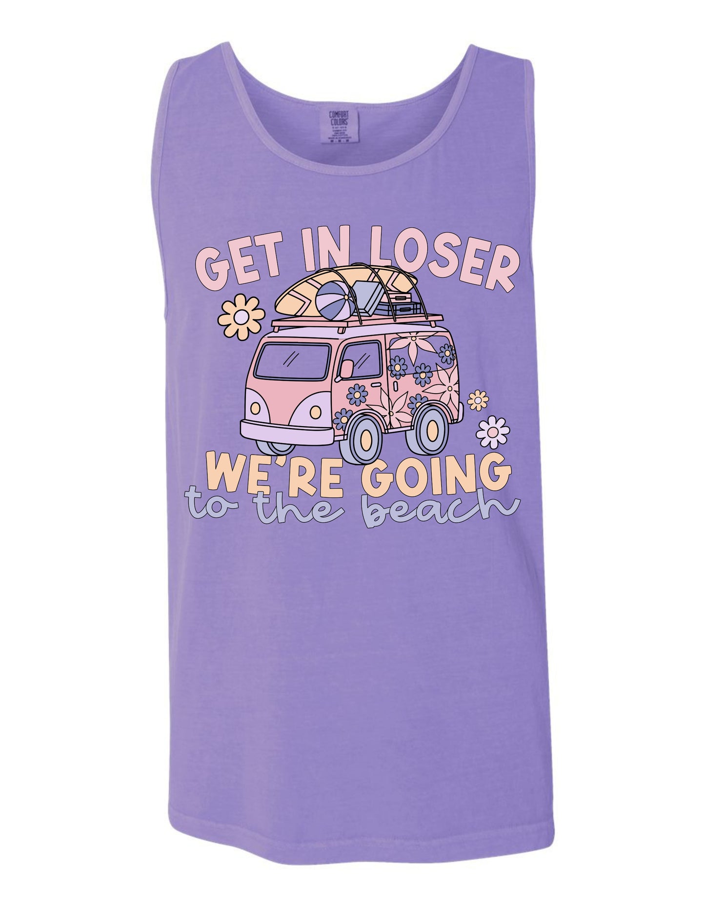 A purple tank top with a graphic design depicting a van or truck with a surfboard on top, along with the text "GET IN LOSER WE'RE GOING TO THE BEACH" printed on it.