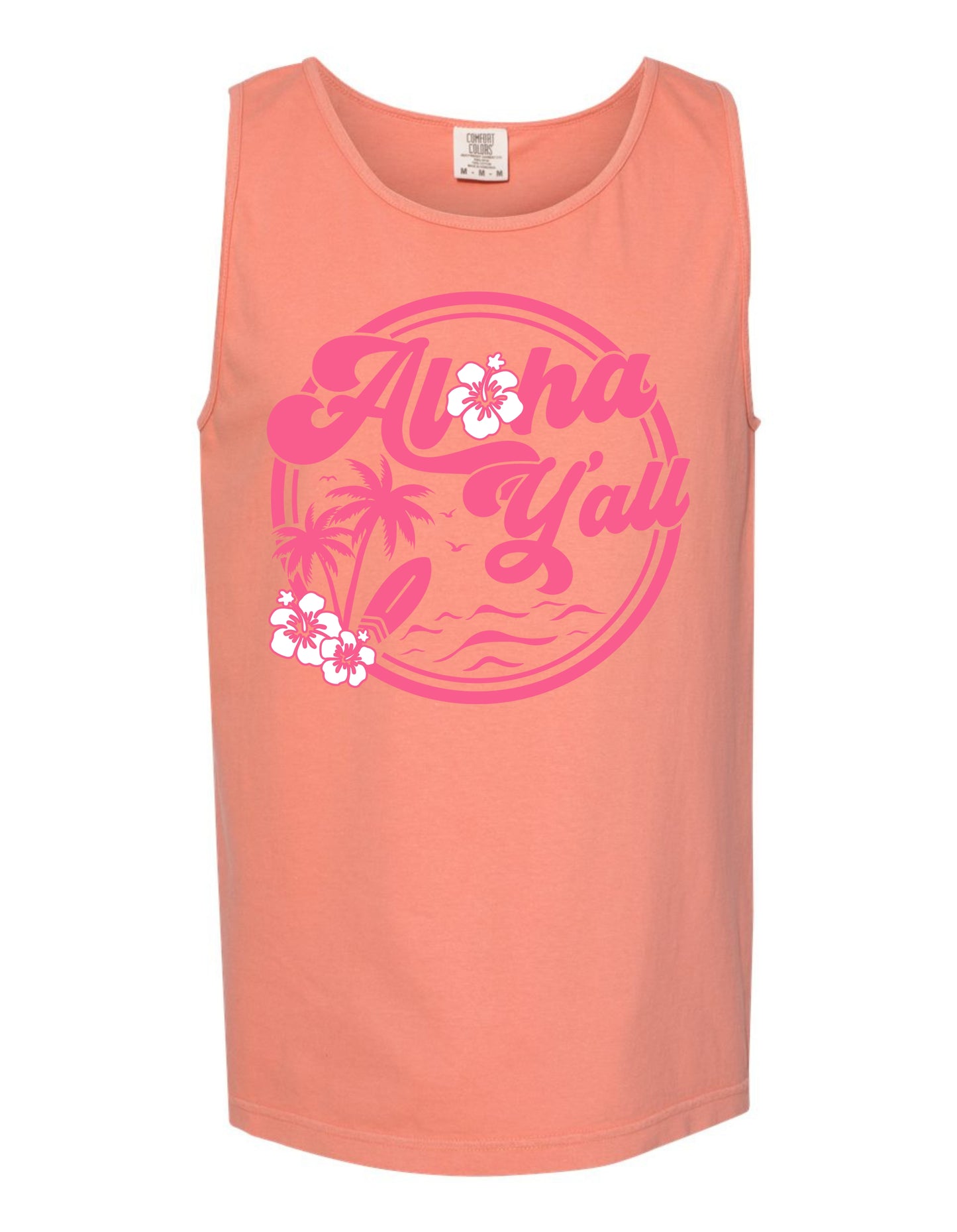 A peach-colored tank top with a circular graphic design featuring the text "Aloha Y'all" surrounded by pink flowers.