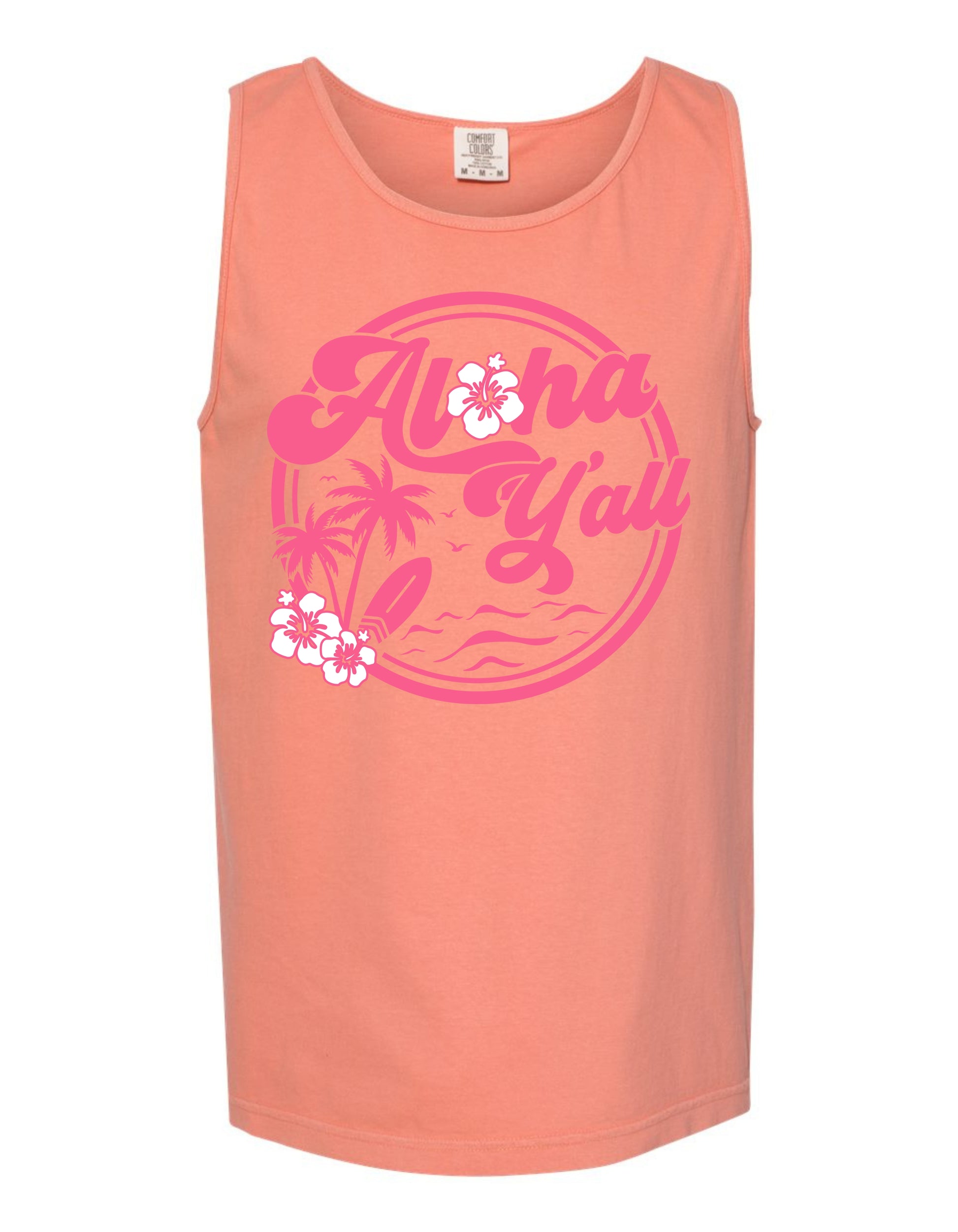 A peach-colored tank top with a circular graphic design featuring the text "Aloha Y'all" surrounded by pink flowers.
