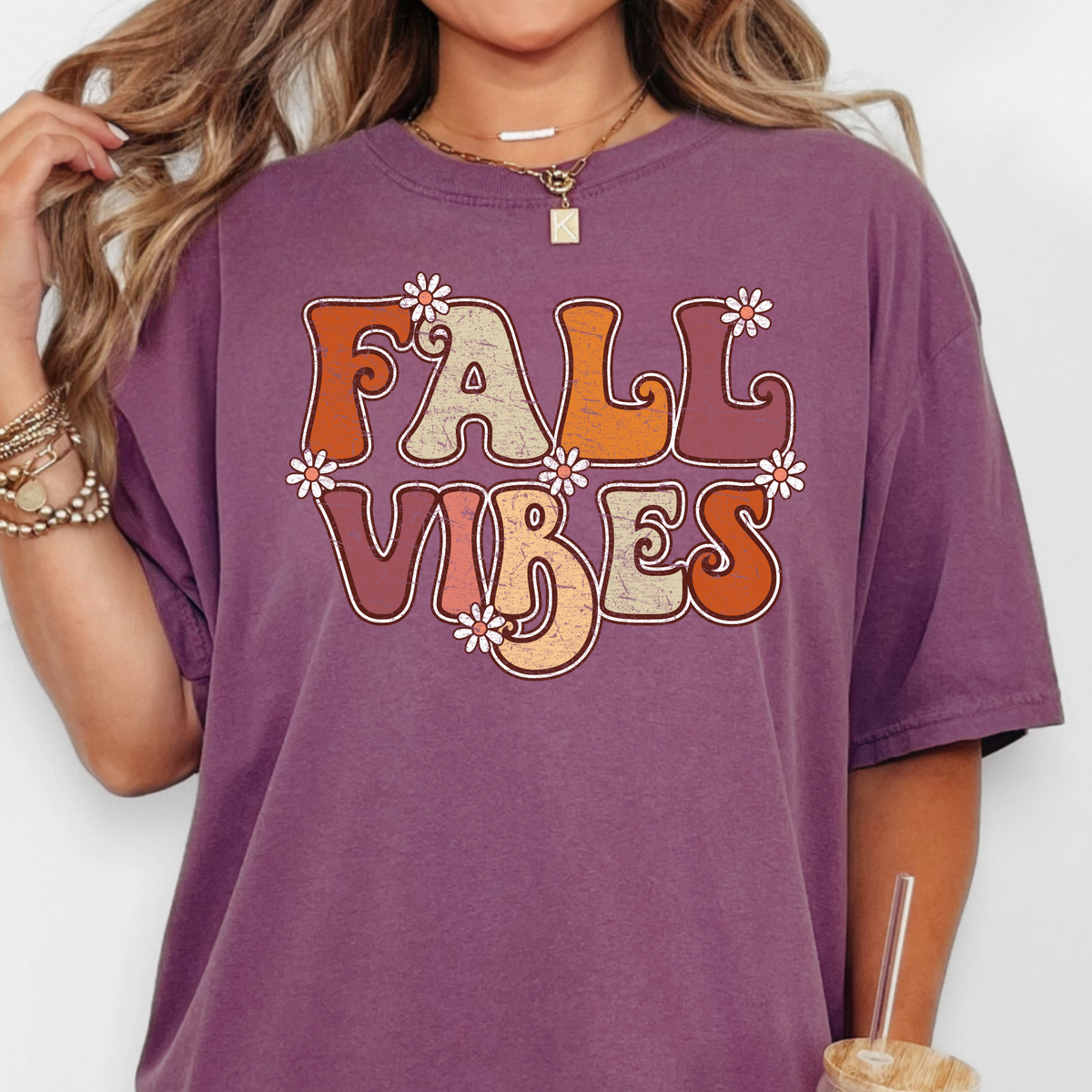 Fall Vibes retro floral design on a Berry Comfort Colors 1717 T-shirt
