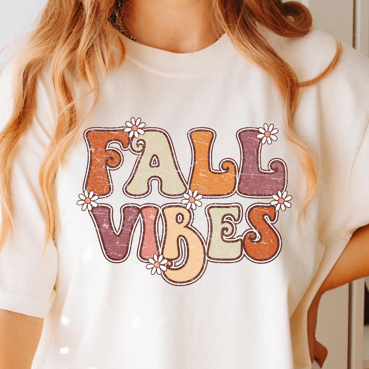 Fall Vibes retro floral design on an Ivory Comfort Colors 1717 T-shirt