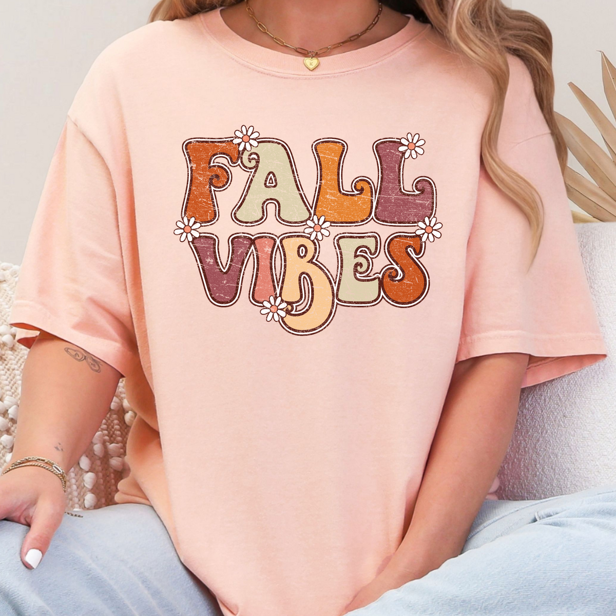 Fall Vibes retro floral design on a Peachy Comfort Colors 1717 T-shirt