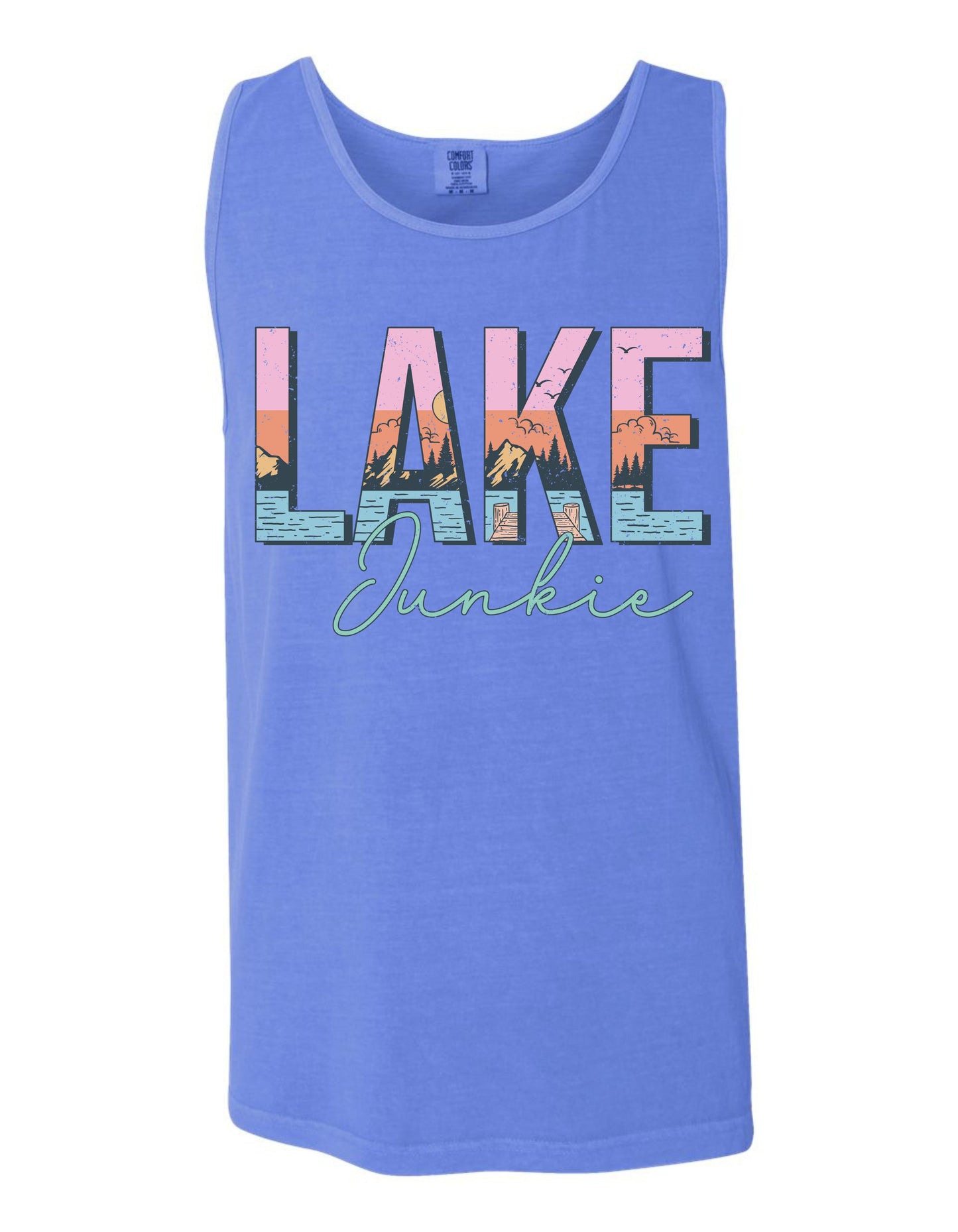 A blue tank top with the word "LAKES" and "JUNKIE" printed on it.