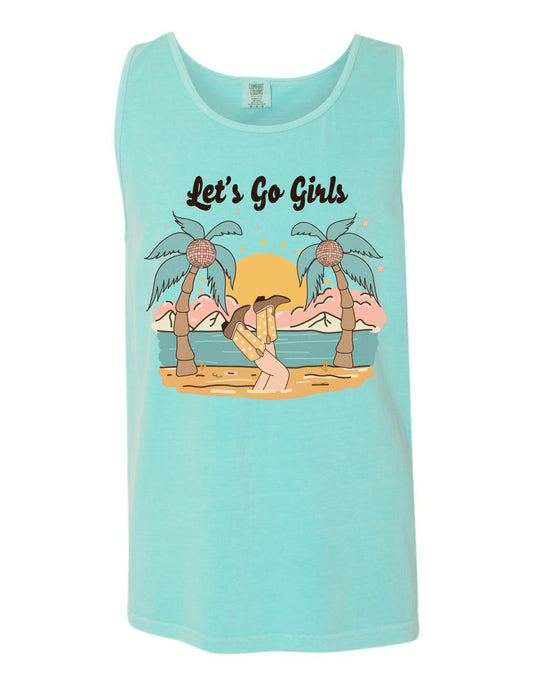 A light blue tank top with a graphic design depicting a beach scene with palm trees, a sunset, and a person sitting on the beach.