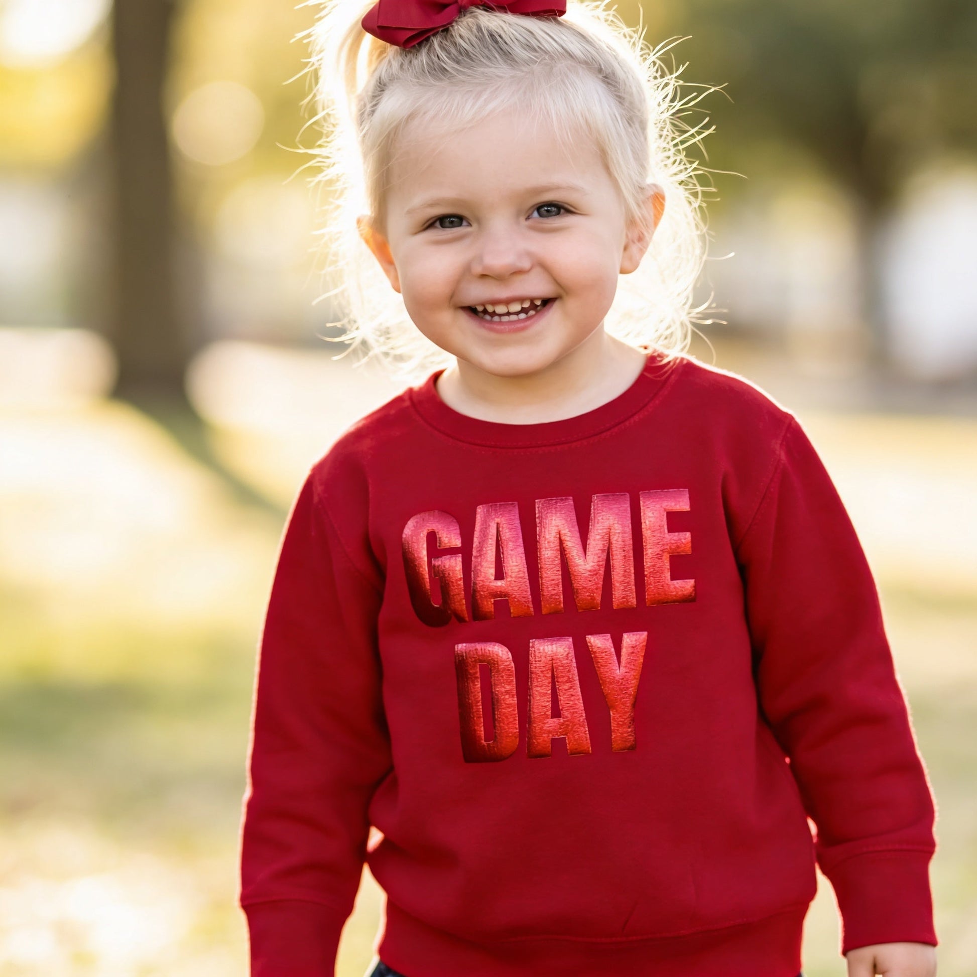 A young girl wearing a red sweatshirt with the text "GAME DAY" smiling at the camera.