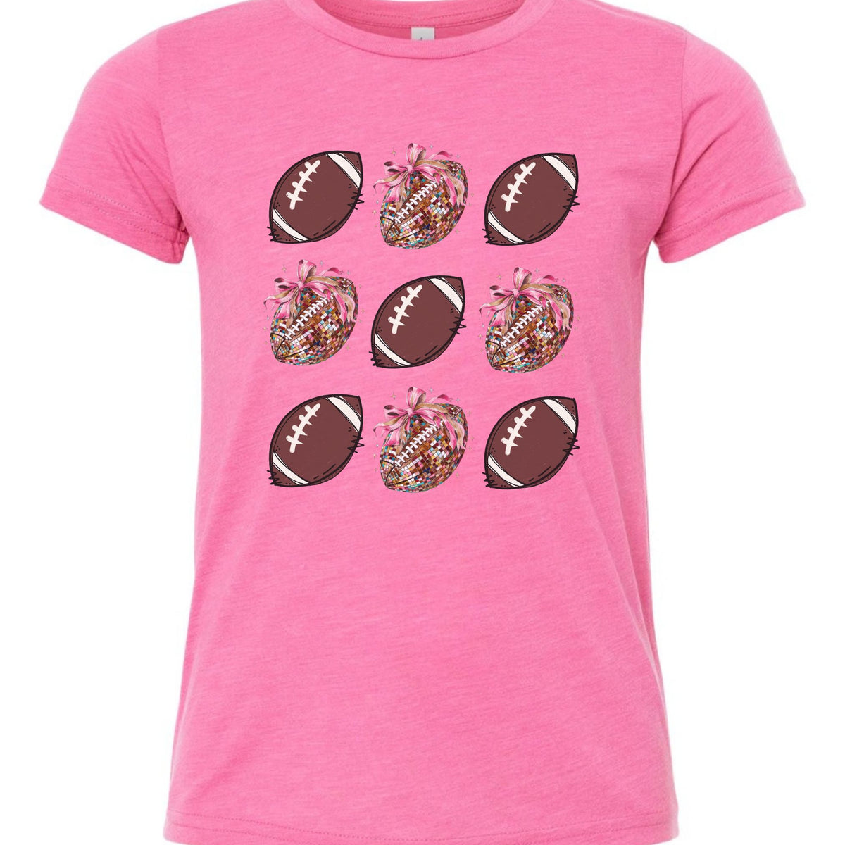 Charity Pink youth T-shirt with a grid of footballs and bow-adorned mosaic-style footballs