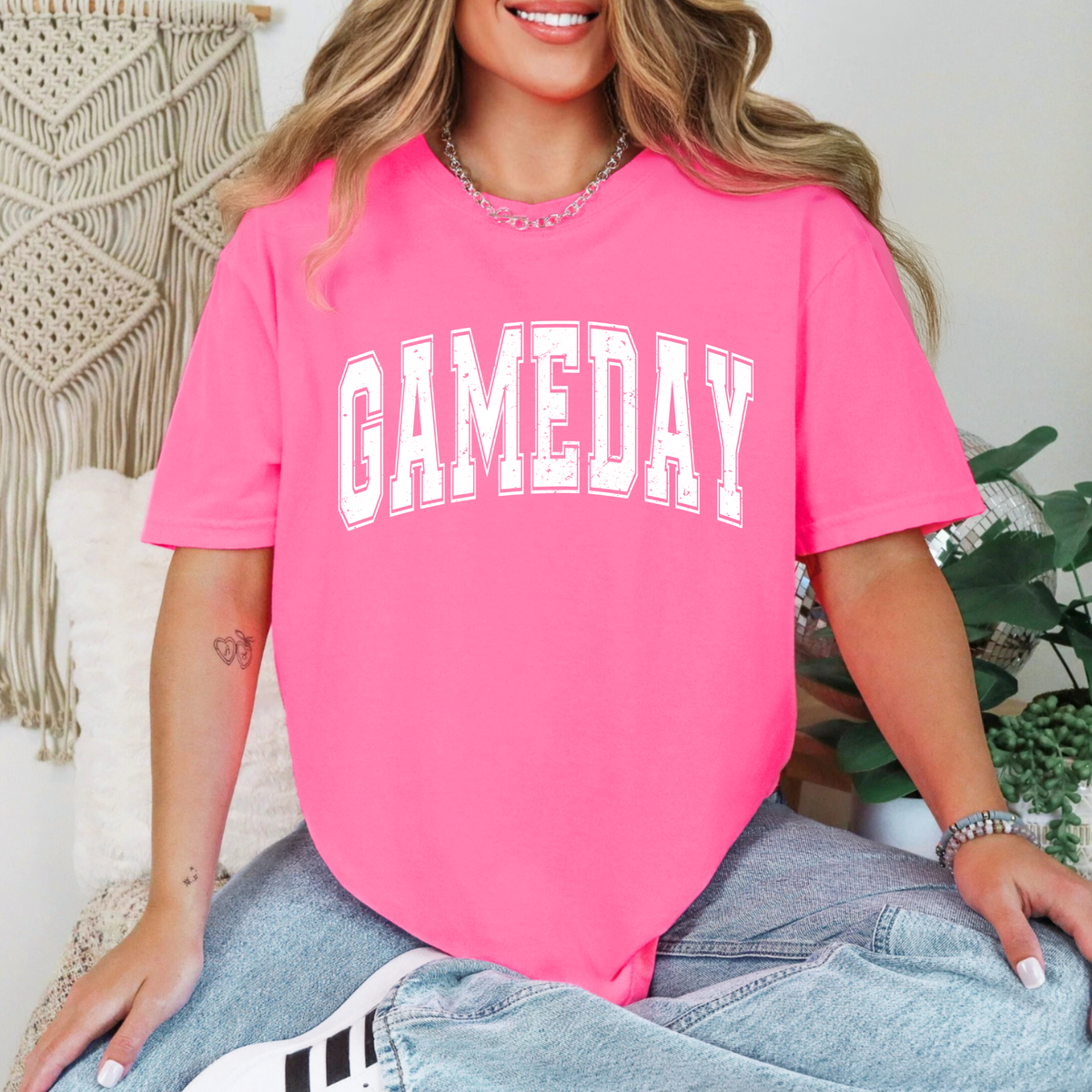 Game Day Comfort Colors 1717 T-shirt in Neon Pink, lifestyle view