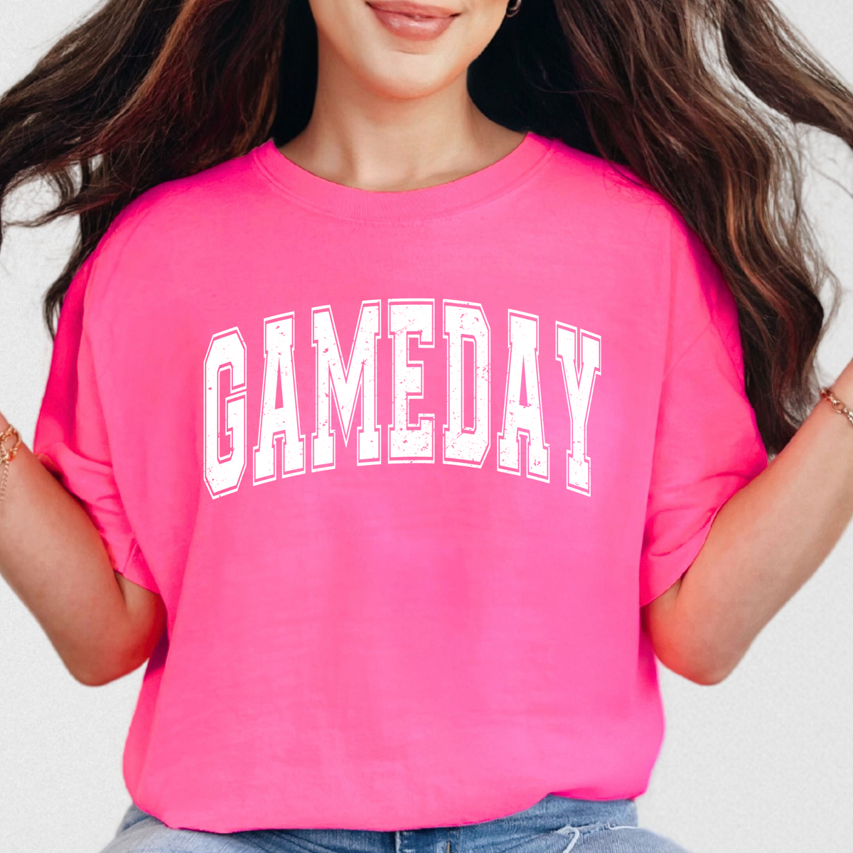 Game Day Comfort Colors 1717 T-shirt in Neon Pink, lifestyle view
