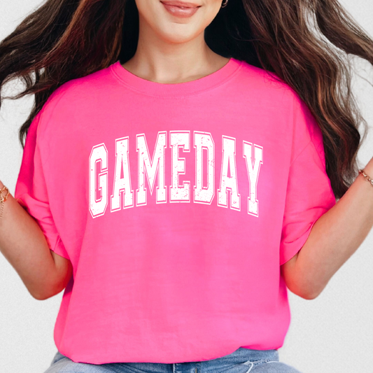 Game Day Comfort Colors 1717 T-shirt in Neon Pink, lifestyle view