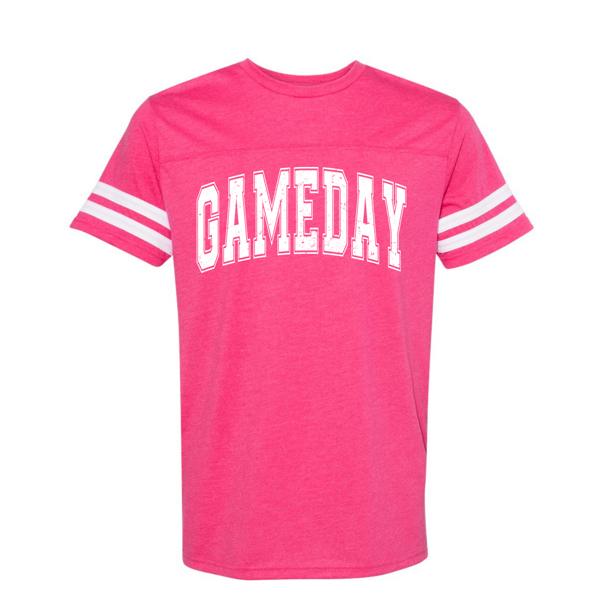 Hot Pink Game Day football striped-sleeve T-shirt flat lay