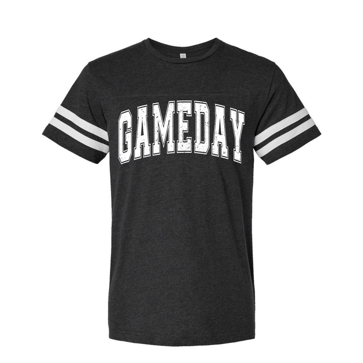Vintage Black Game Day football striped-sleeve T-shirt flat lay