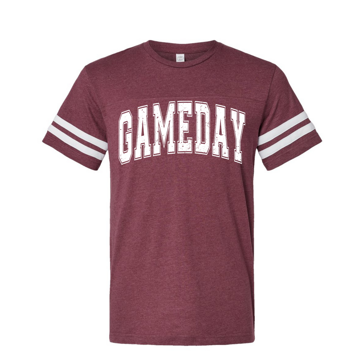 Vintage Burgundy Game Day football striped-sleeve T-shirt flat lay