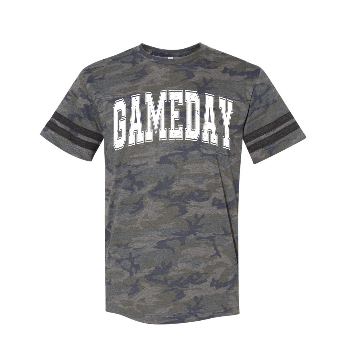 Vintage Camo Game Day football striped-sleeve T-shirt flat lay