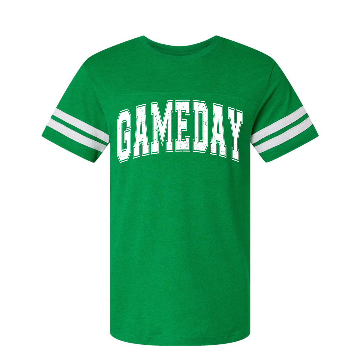 Vintage Green Game Day football striped-sleeve T-shirt flat lay