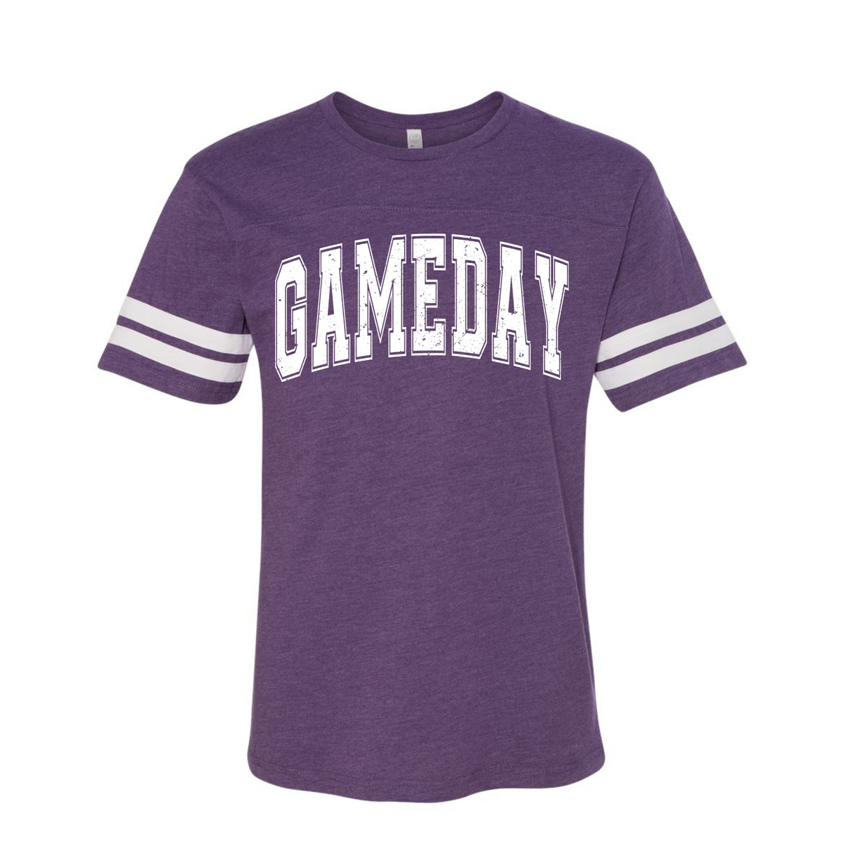 Vintage Purple Game Day football striped-sleeve T-shirt flat lay