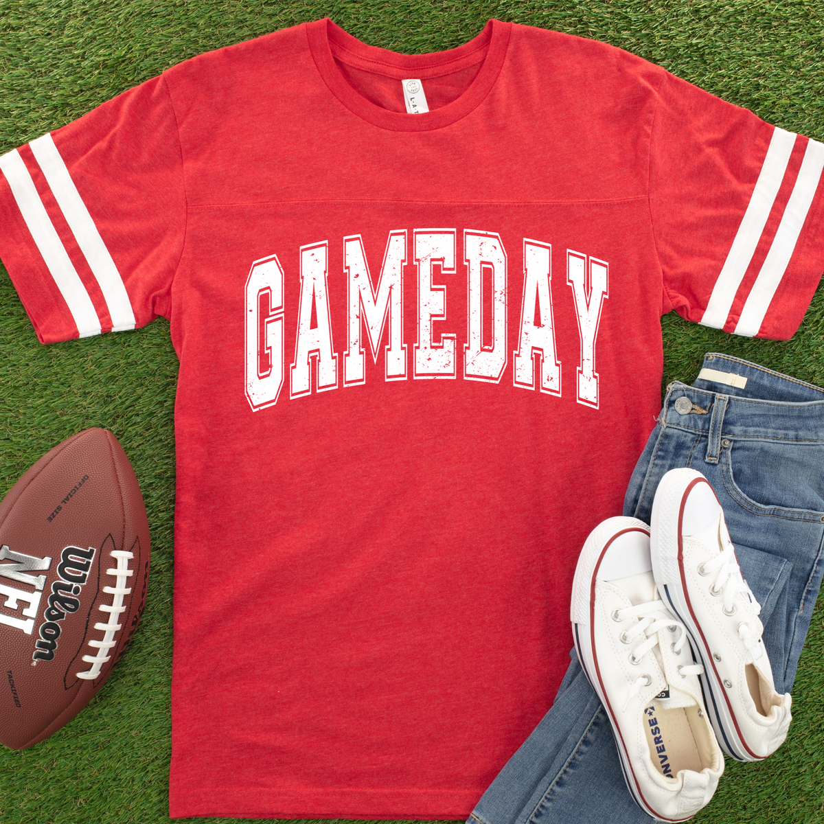 Vintage Red Game Day football striped-sleeve T-shirt lifestyle