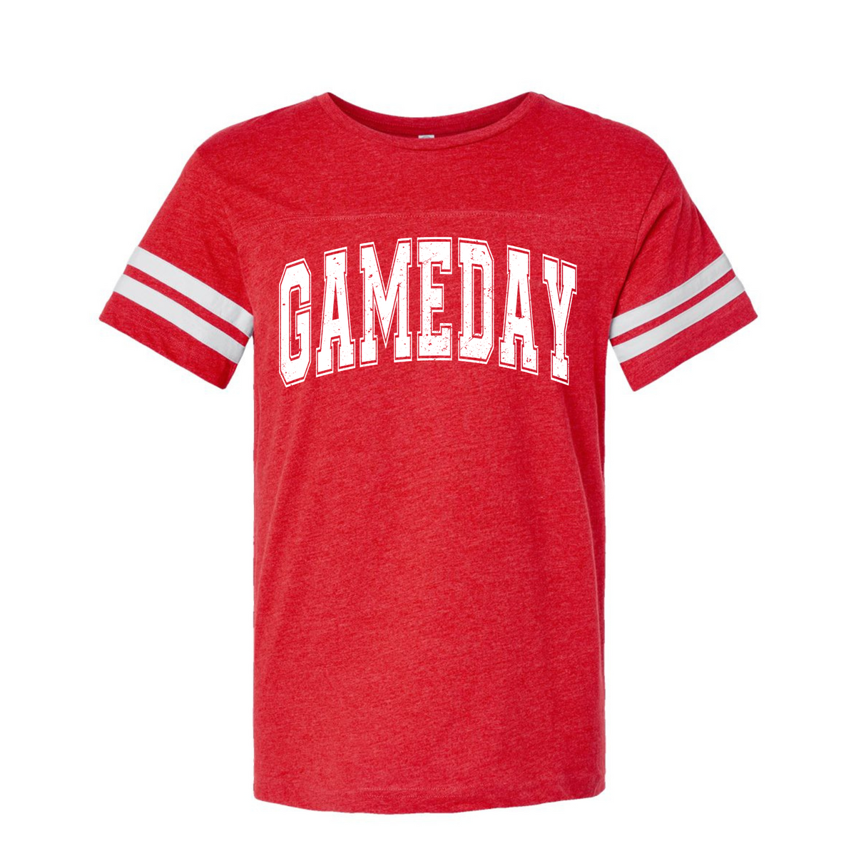 Vintage Red Game Day football striped-sleeve T-shirt flat lay